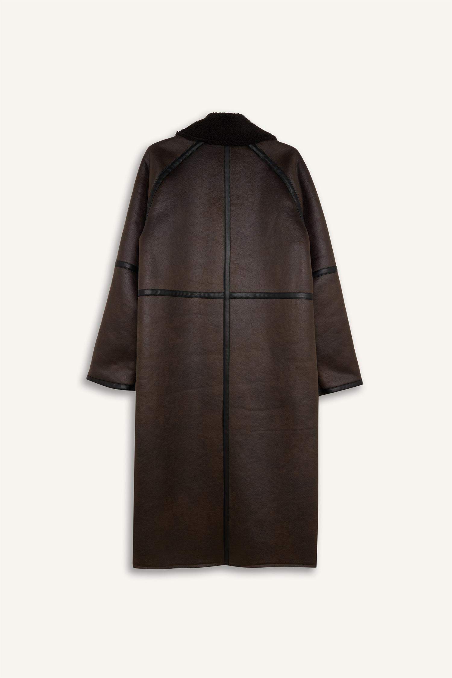 Regular Fit Smokin Yaka Suni Deri Düğmeli Cepli Pelüş Astar Parka