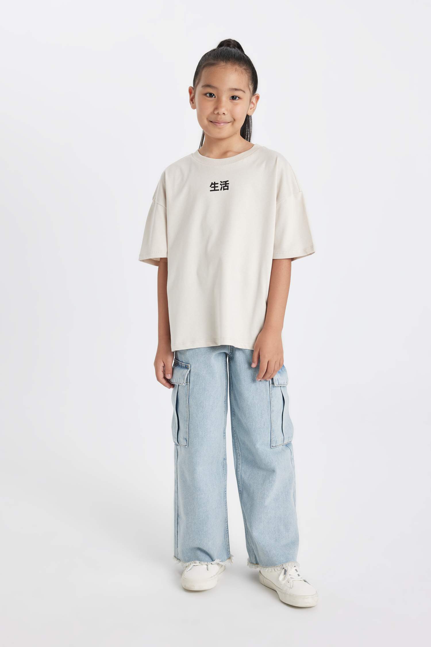 Oversize Geniş Kalıp Bisiklet Yaka Baskılı Kısa Kollu Tişört Kız Çocuk