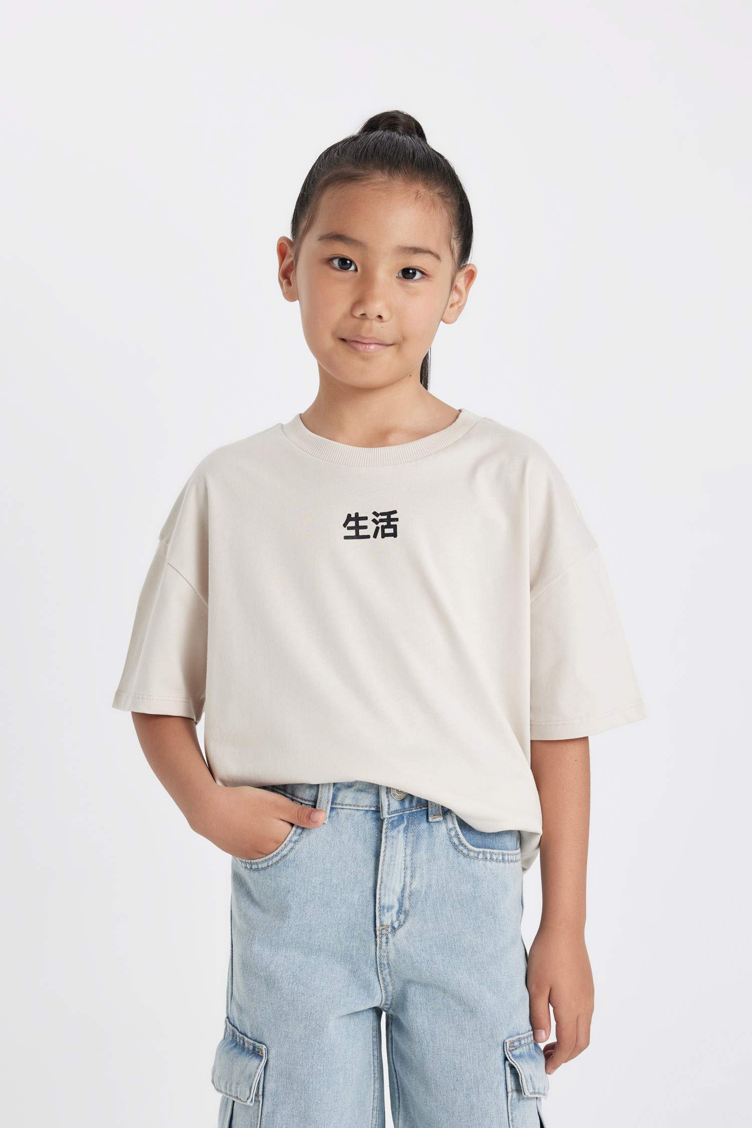 Oversize Geniş Kalıp Bisiklet Yaka Baskılı Kısa Kollu Tişört Kız Çocuk