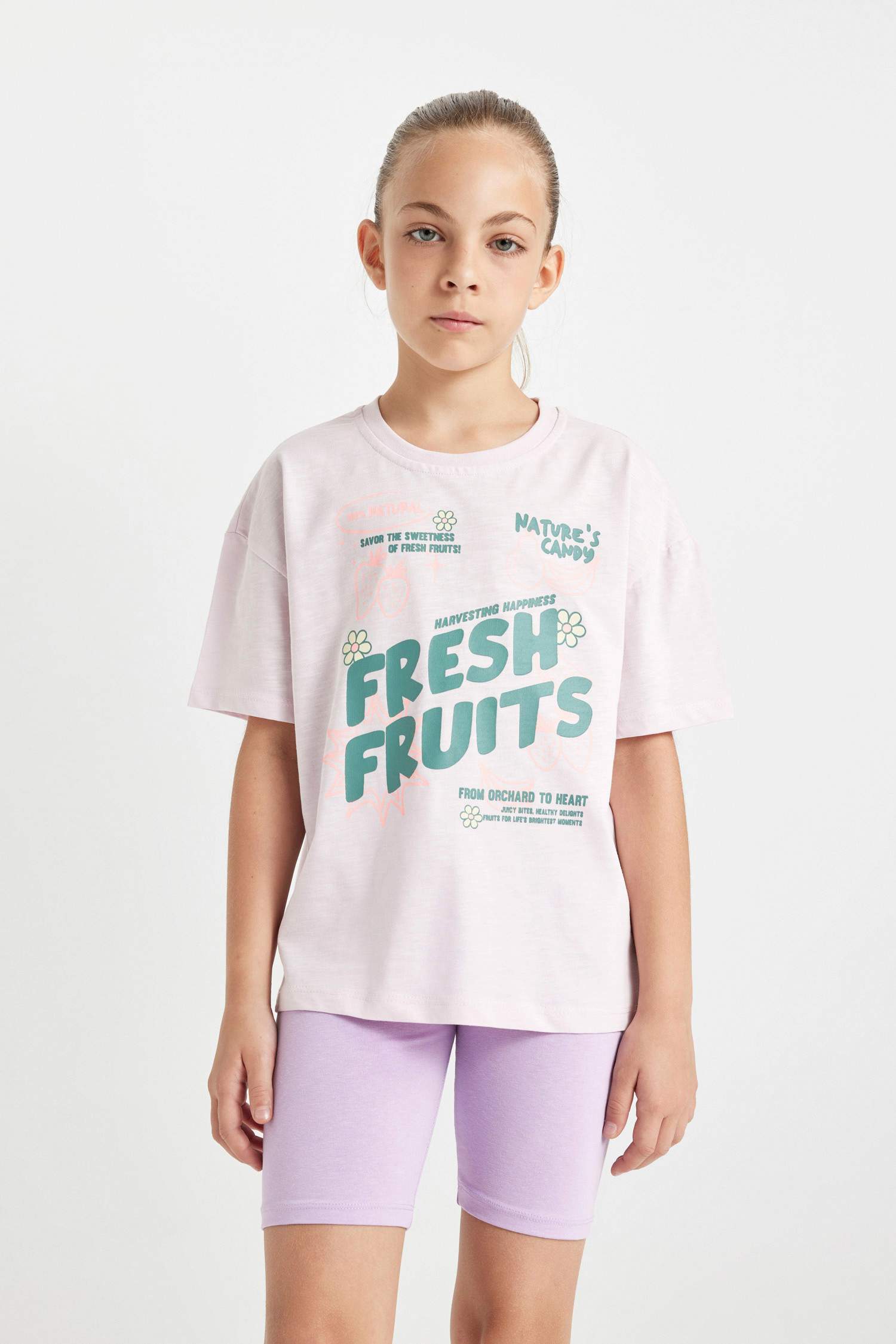 Kız Çocuk Relax Fit Bisiklet Yaka Baskılı Kısa Kollu Tişört