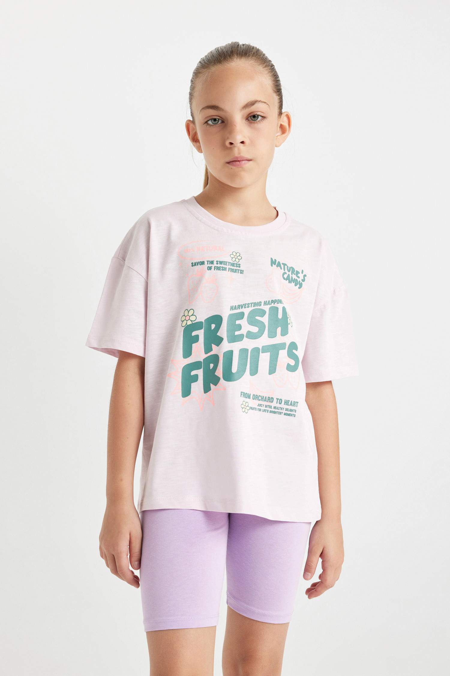 Kız Çocuk Relax Fit Bisiklet Yaka Baskılı Kısa Kollu Tişört