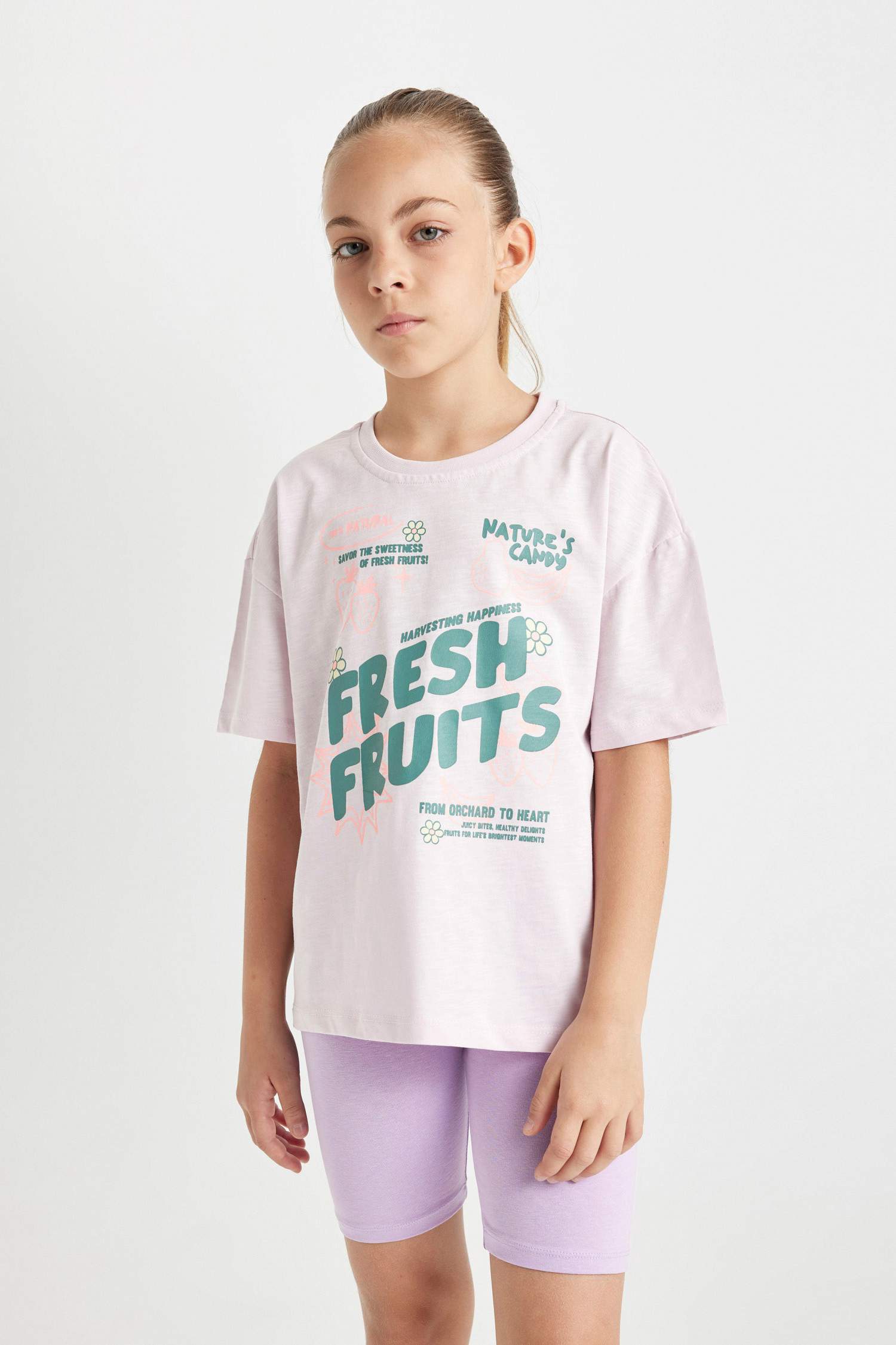 Kız Çocuk Relax Fit Bisiklet Yaka Baskılı Kısa Kollu Tişört