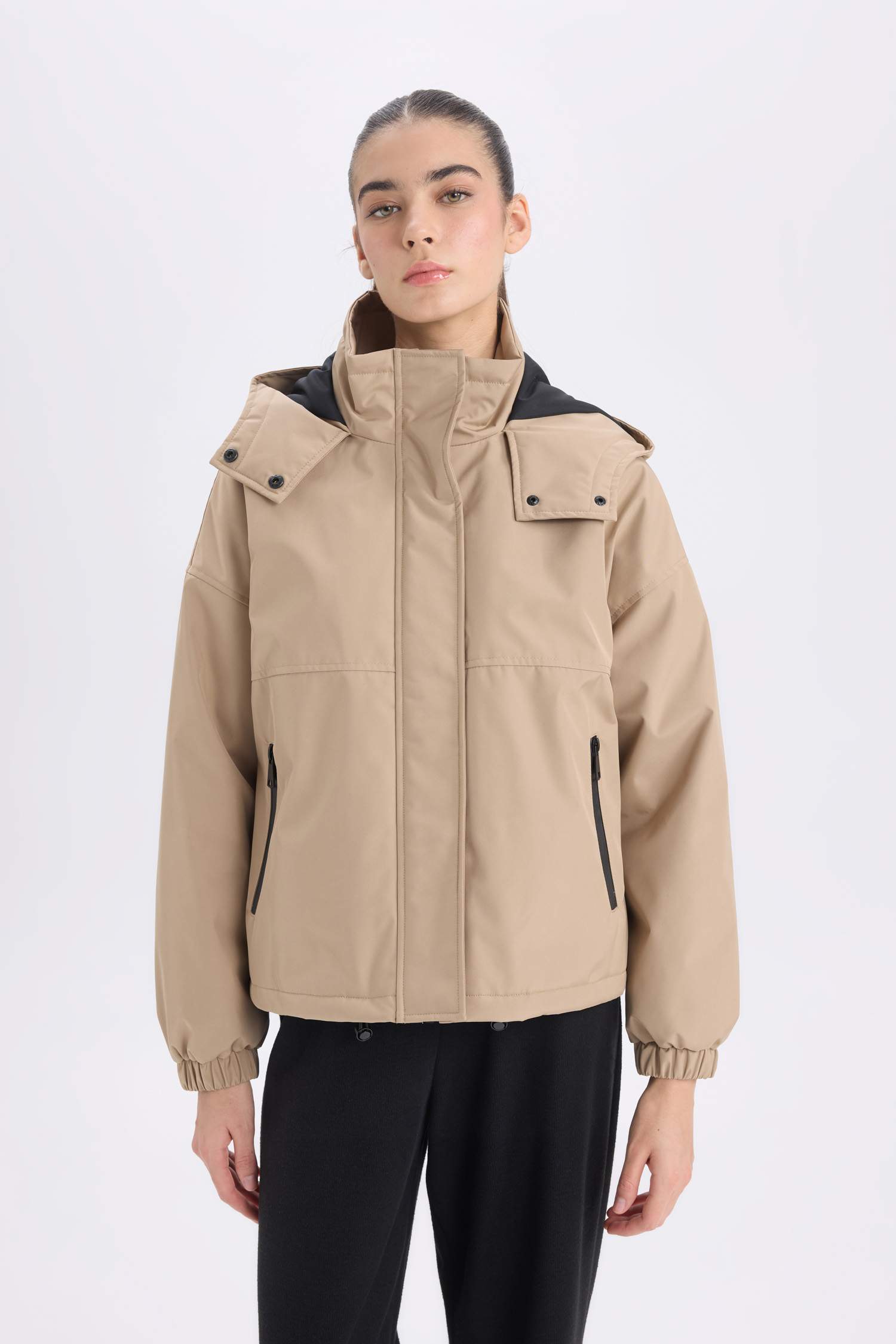 Hooded Zippered Snap Pocket Waterproof Jacket
