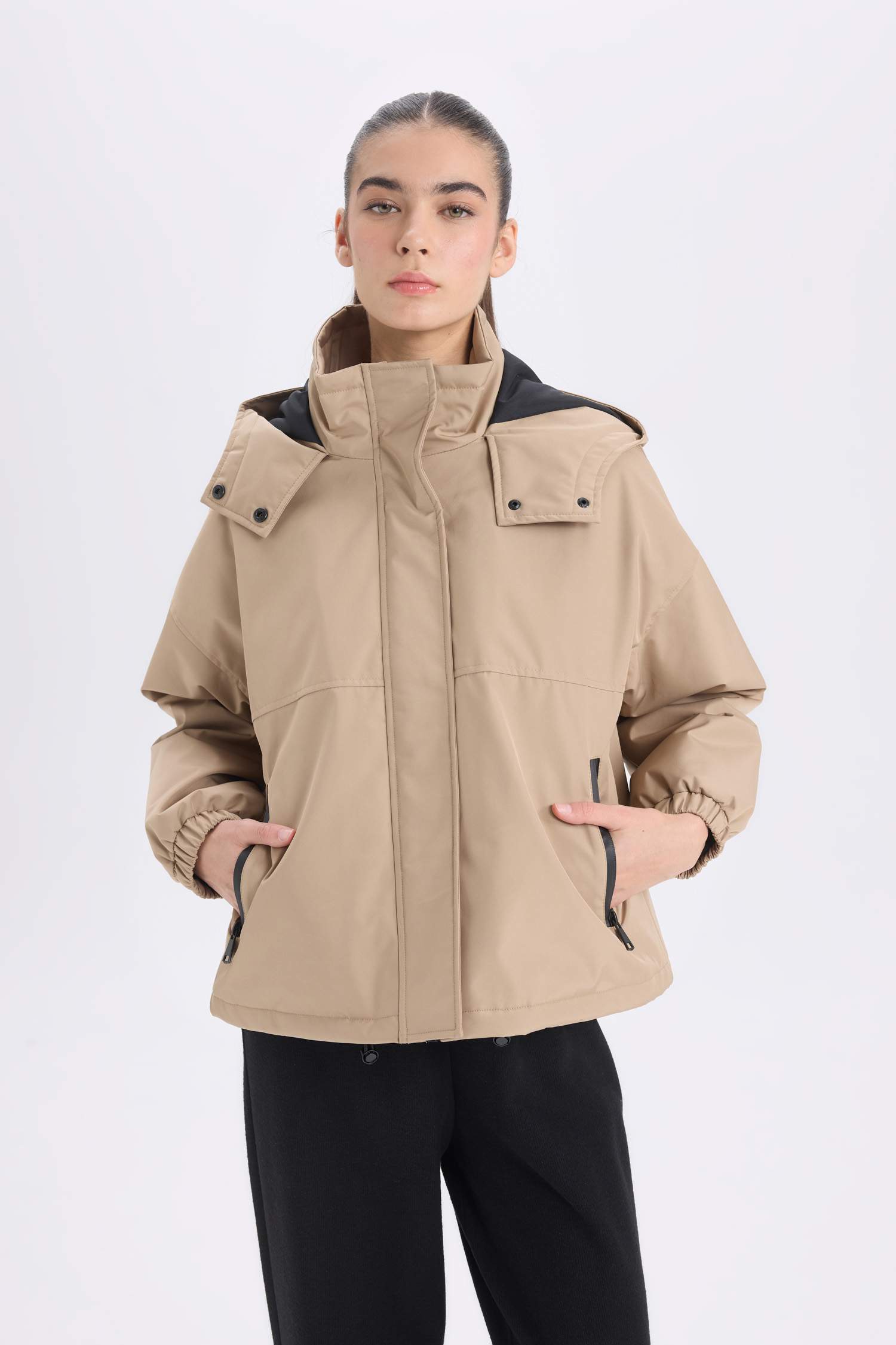 Hooded Zippered Snap Pocket Waterproof Jacket