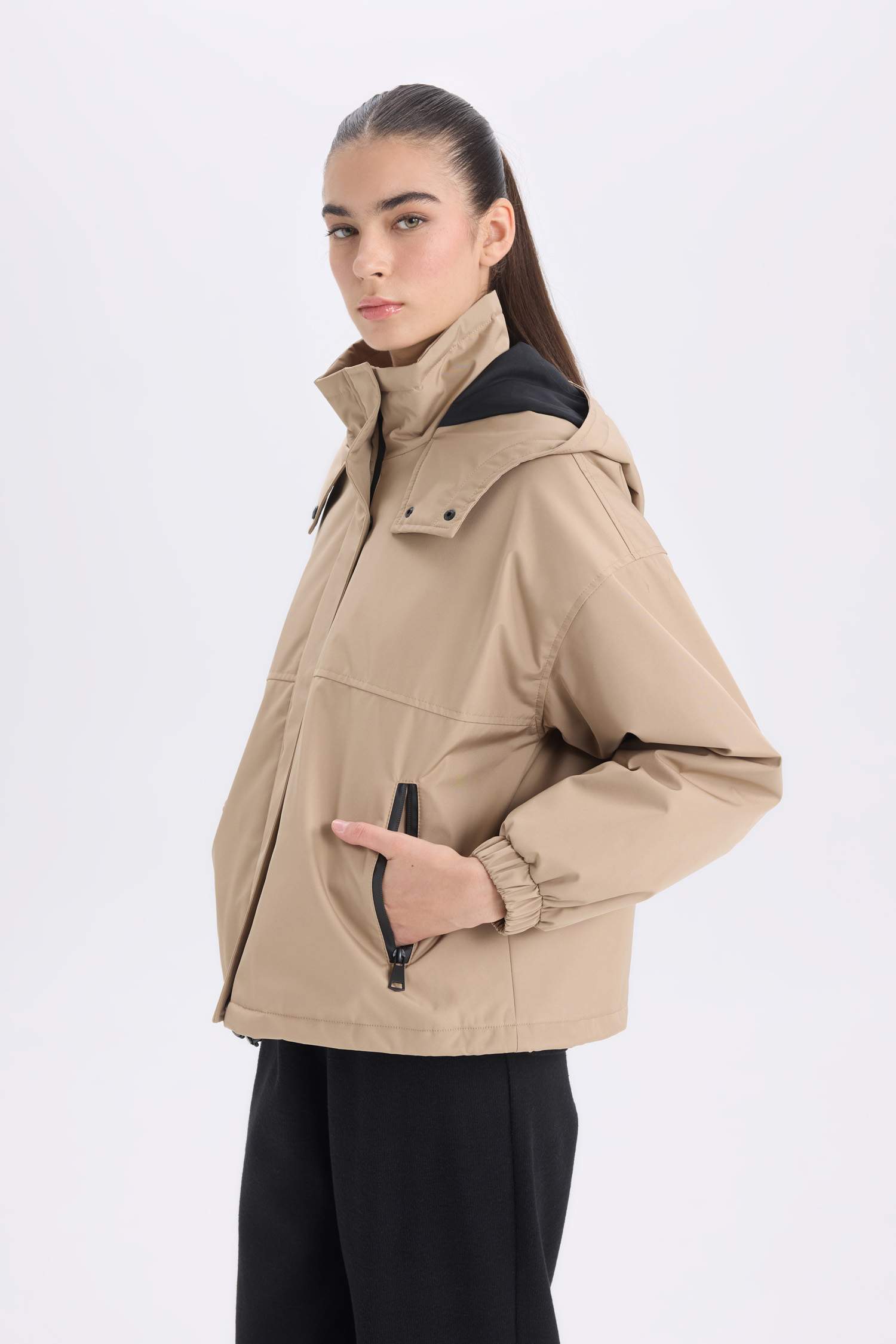 Hooded Zippered Snap Pocket Waterproof Jacket