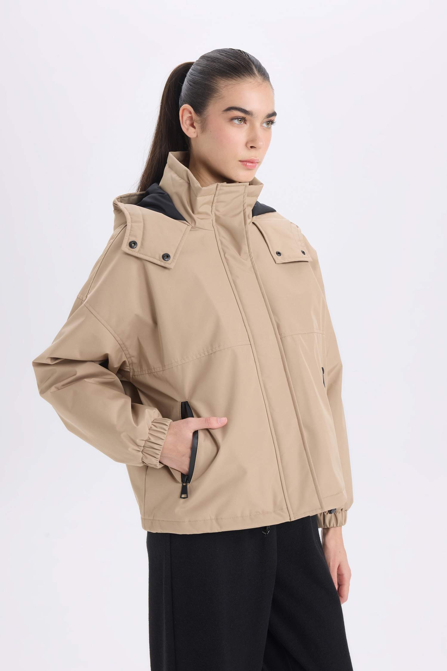 Hooded Zippered Snap Pocket Waterproof Jacket