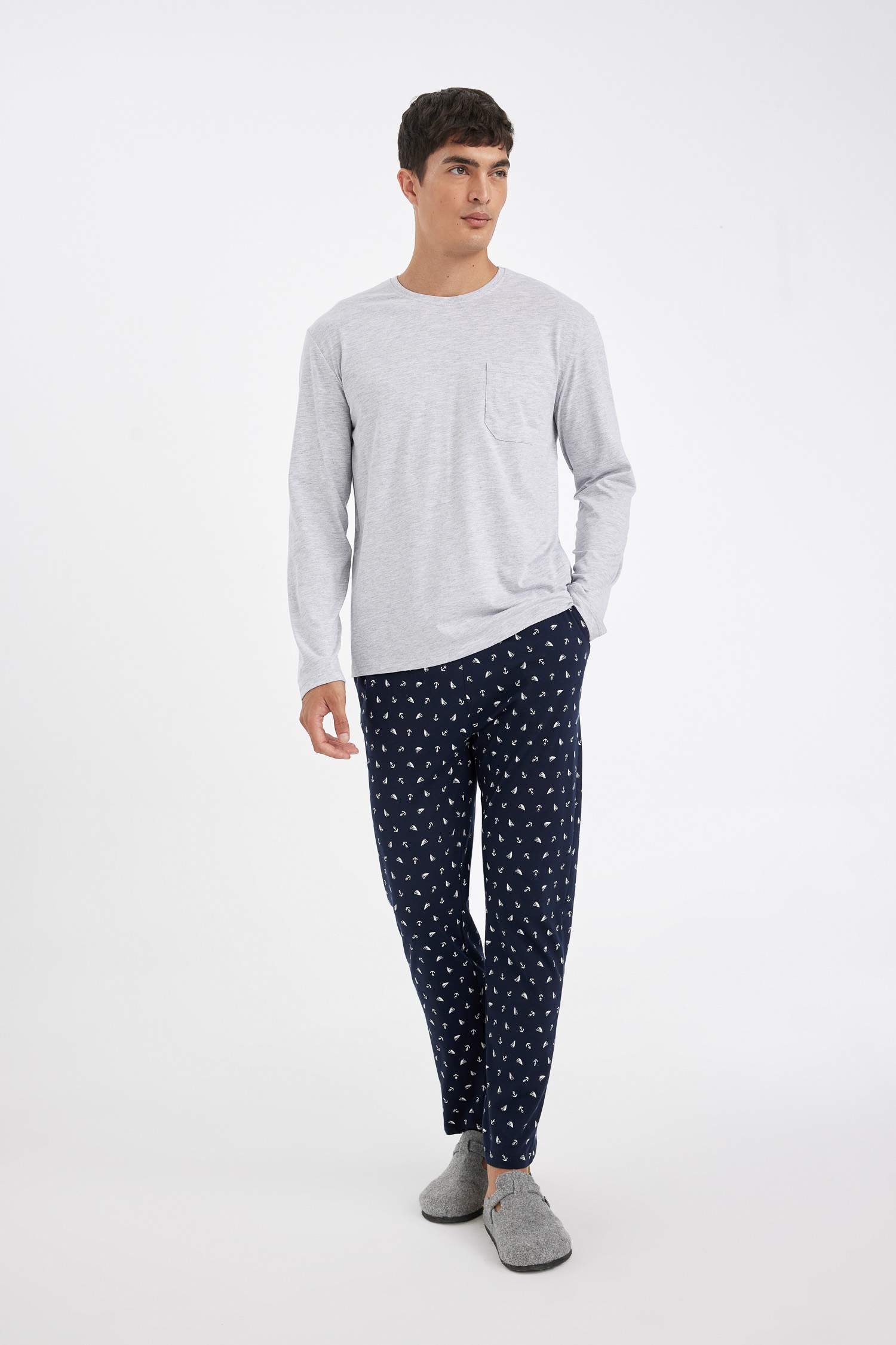 Pijama Takımı Bisiklet Yaka Uzun Kollu Üst Desenli Beli Lastikli Alt