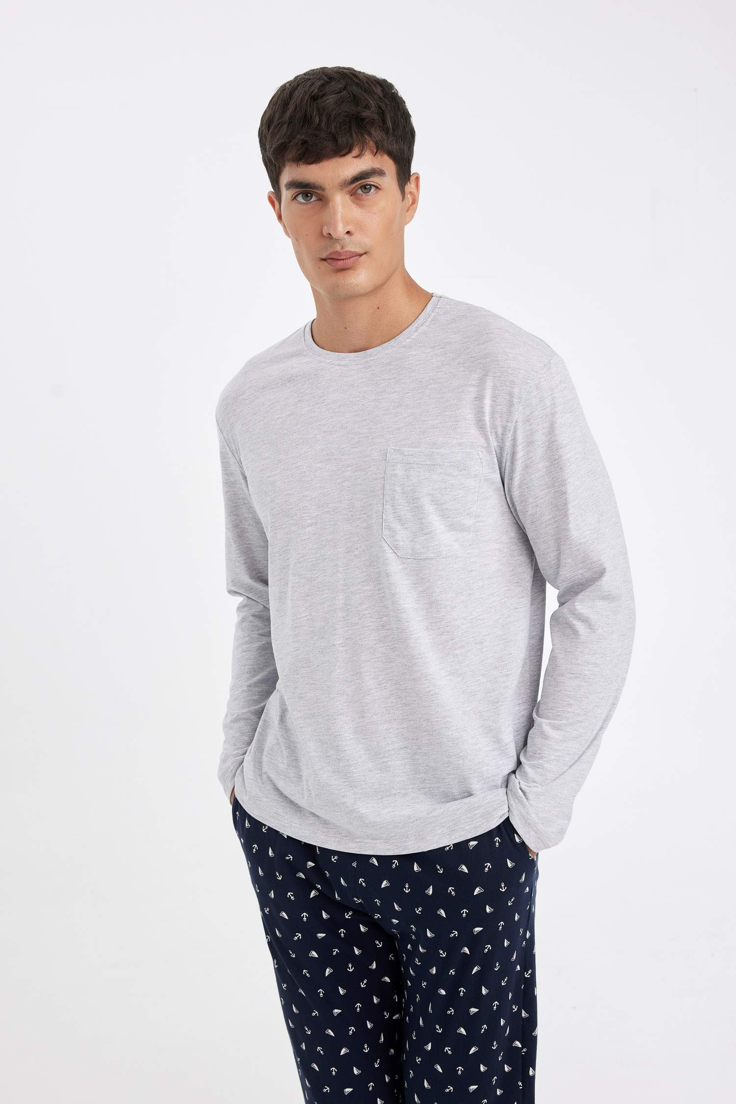 Pijama Takımı Bisiklet Yaka Uzun Kollu Üst Desenli Beli Lastikli Alt