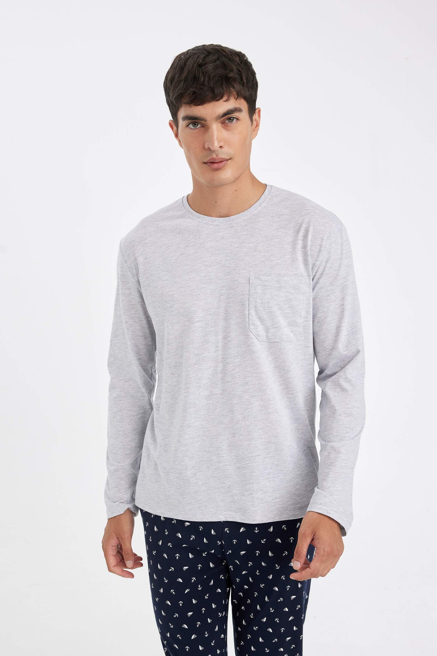 Pijama Takımı Bisiklet Yaka Uzun Kollu Üst Desenli Beli Lastikli Alt