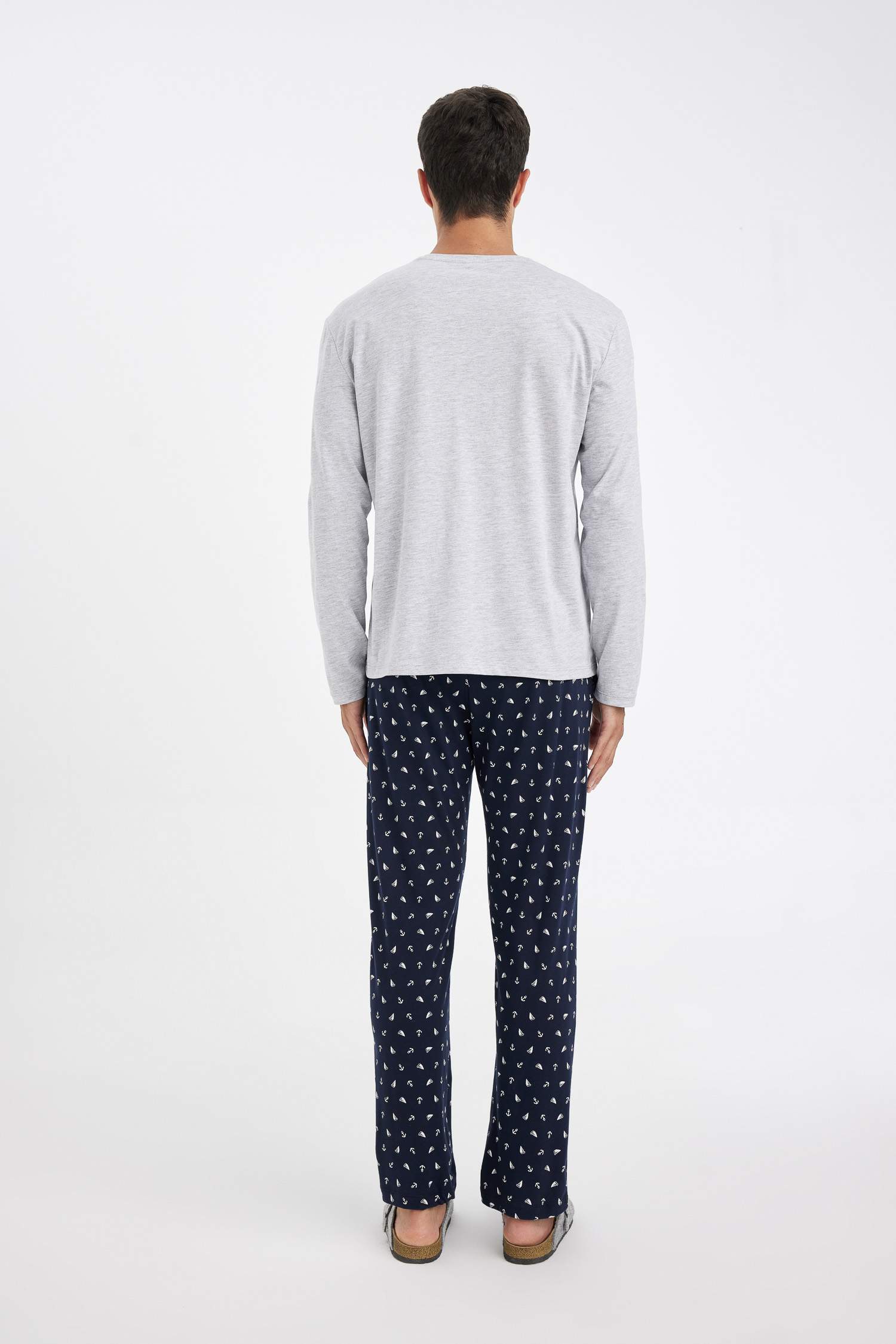 Pijama Takımı Bisiklet Yaka Uzun Kollu Üst Desenli Beli Lastikli Alt