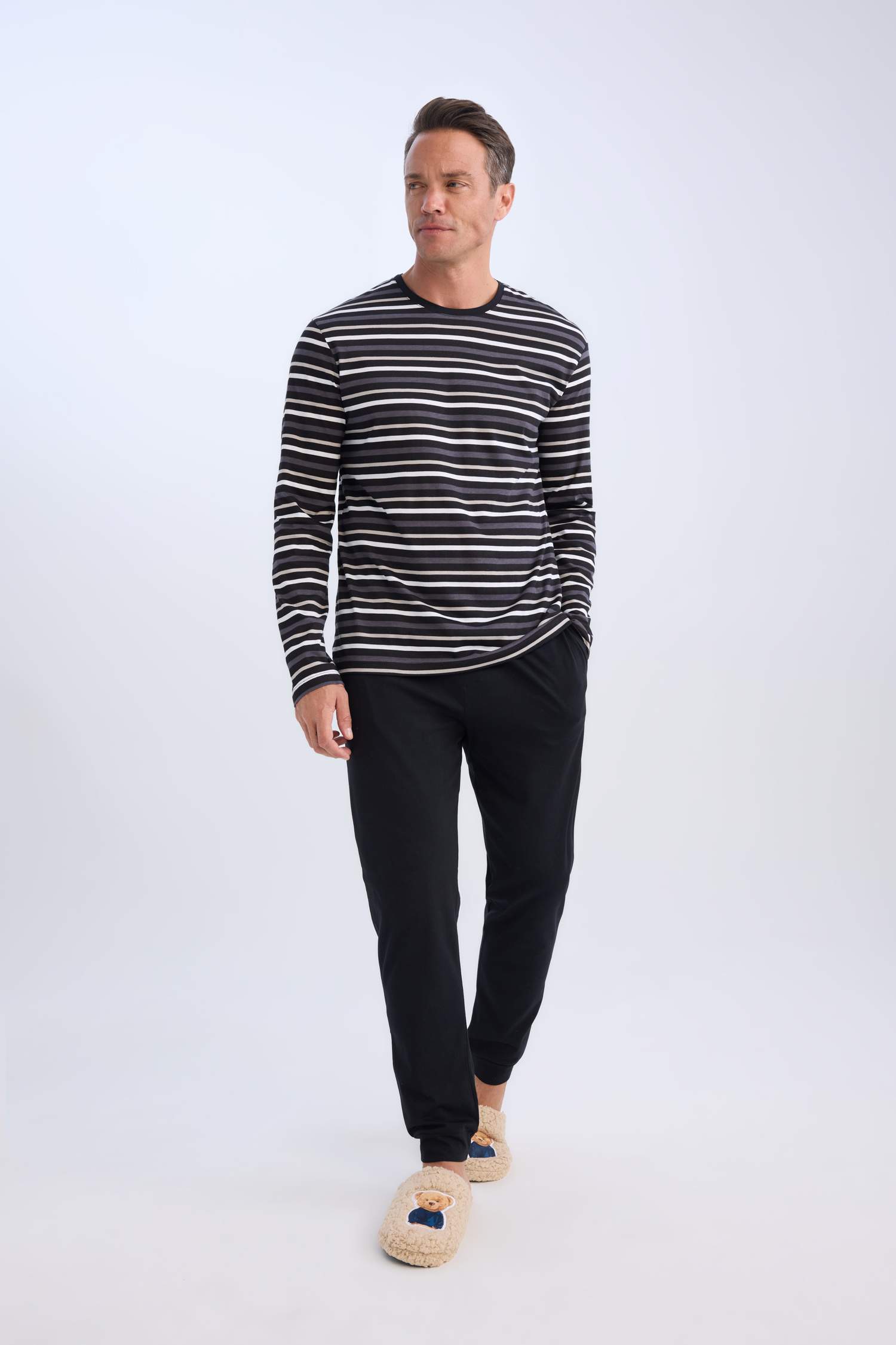 Regular Fit Pijama Takımı Bisiklet Yaka Çizgili Uzun Kollu Üst Uzun Alt