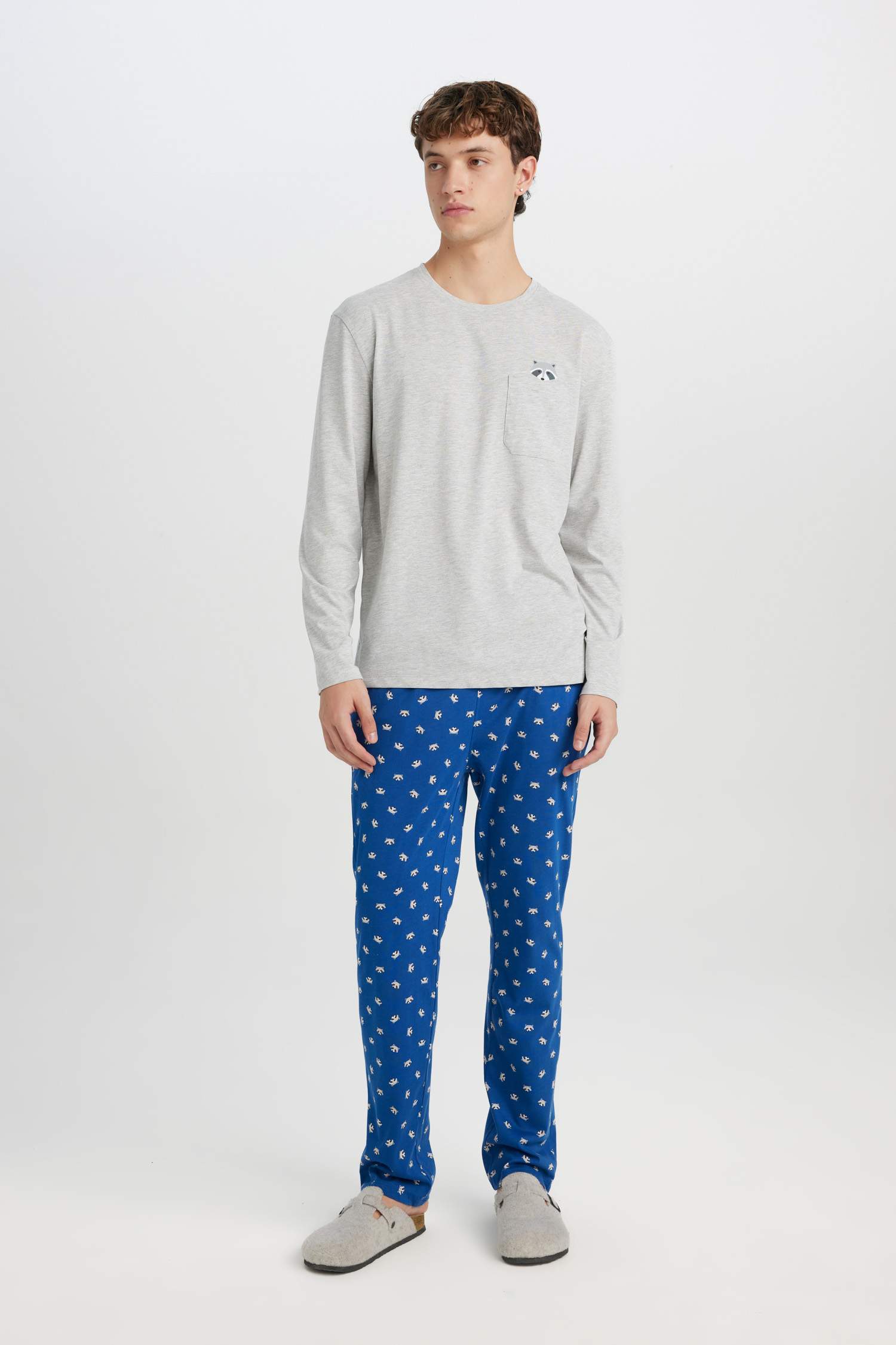 Pijama Takımı Bisiklet Yaka Uzun Kollu Basic Düz Üst Desenli Beli Lastikli Alt