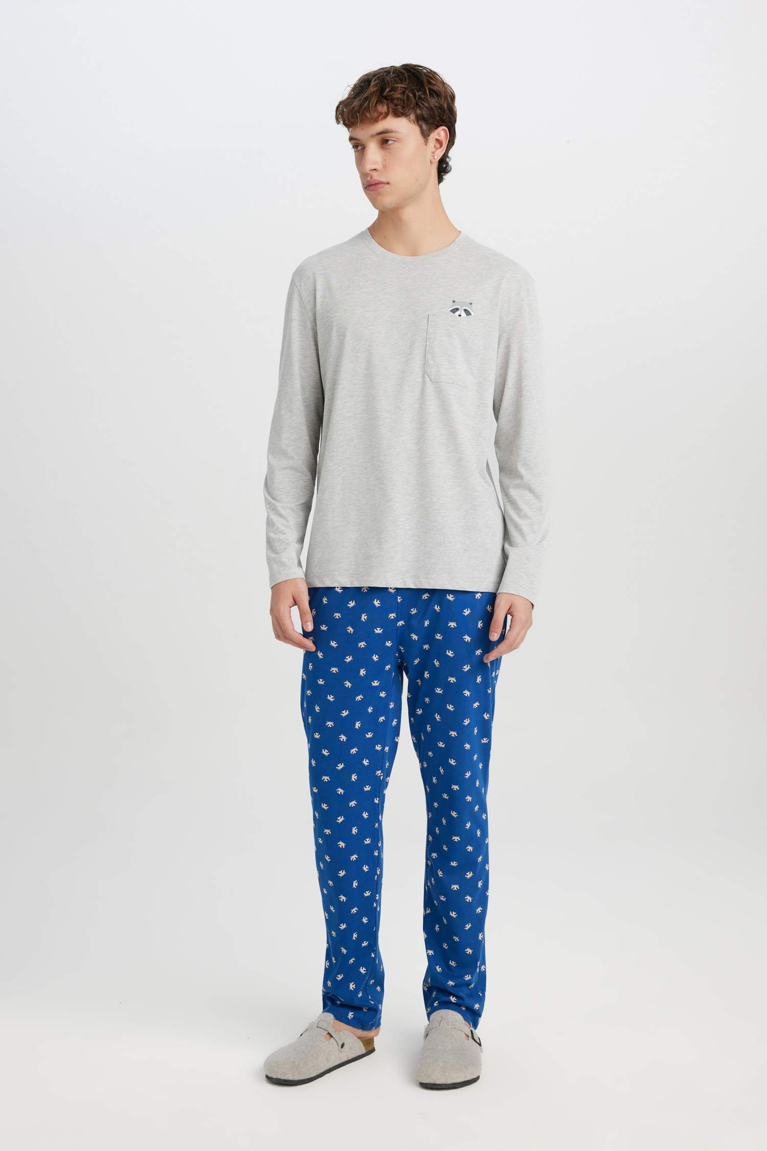 Pijama Takımı Bisiklet Yaka Uzun Kollu Basic Düz Üst Desenli Beli Lastikli Alt