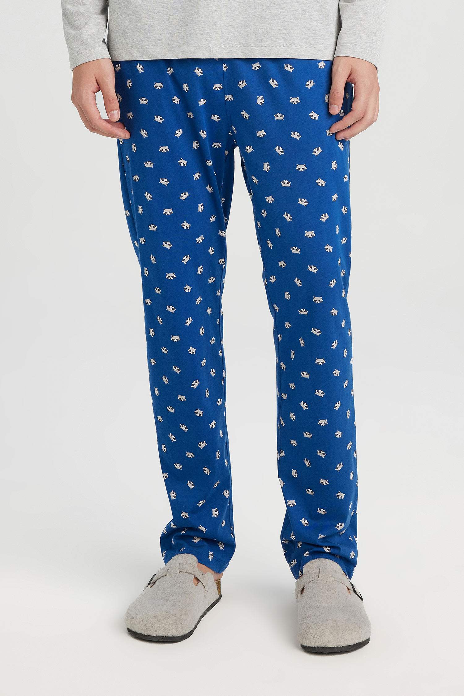 Pijama Takımı Bisiklet Yaka Uzun Kollu Basic Düz Üst Desenli Beli Lastikli Alt