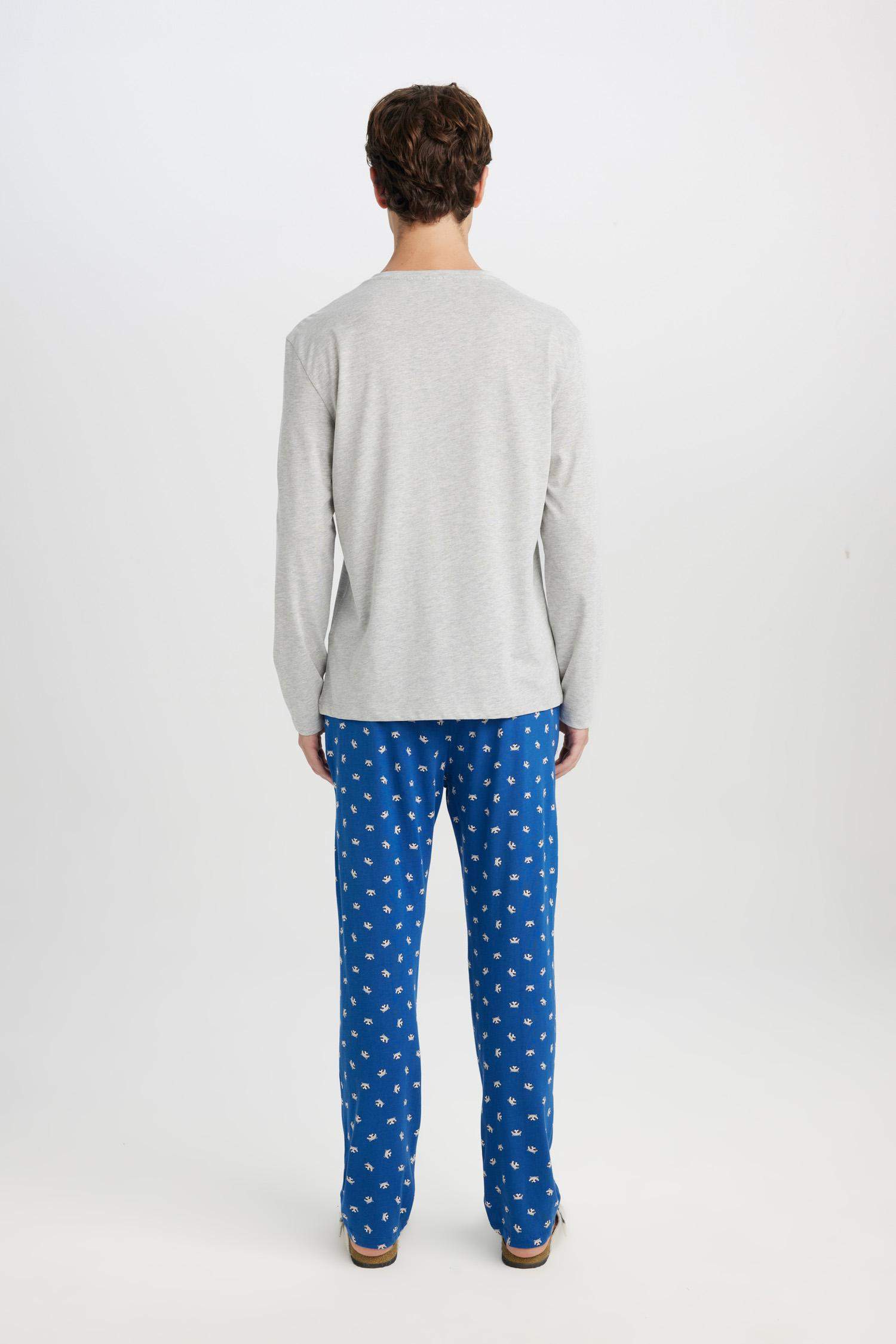 Pijama Takımı Bisiklet Yaka Uzun Kollu Basic Düz Üst Desenli Beli Lastikli Alt