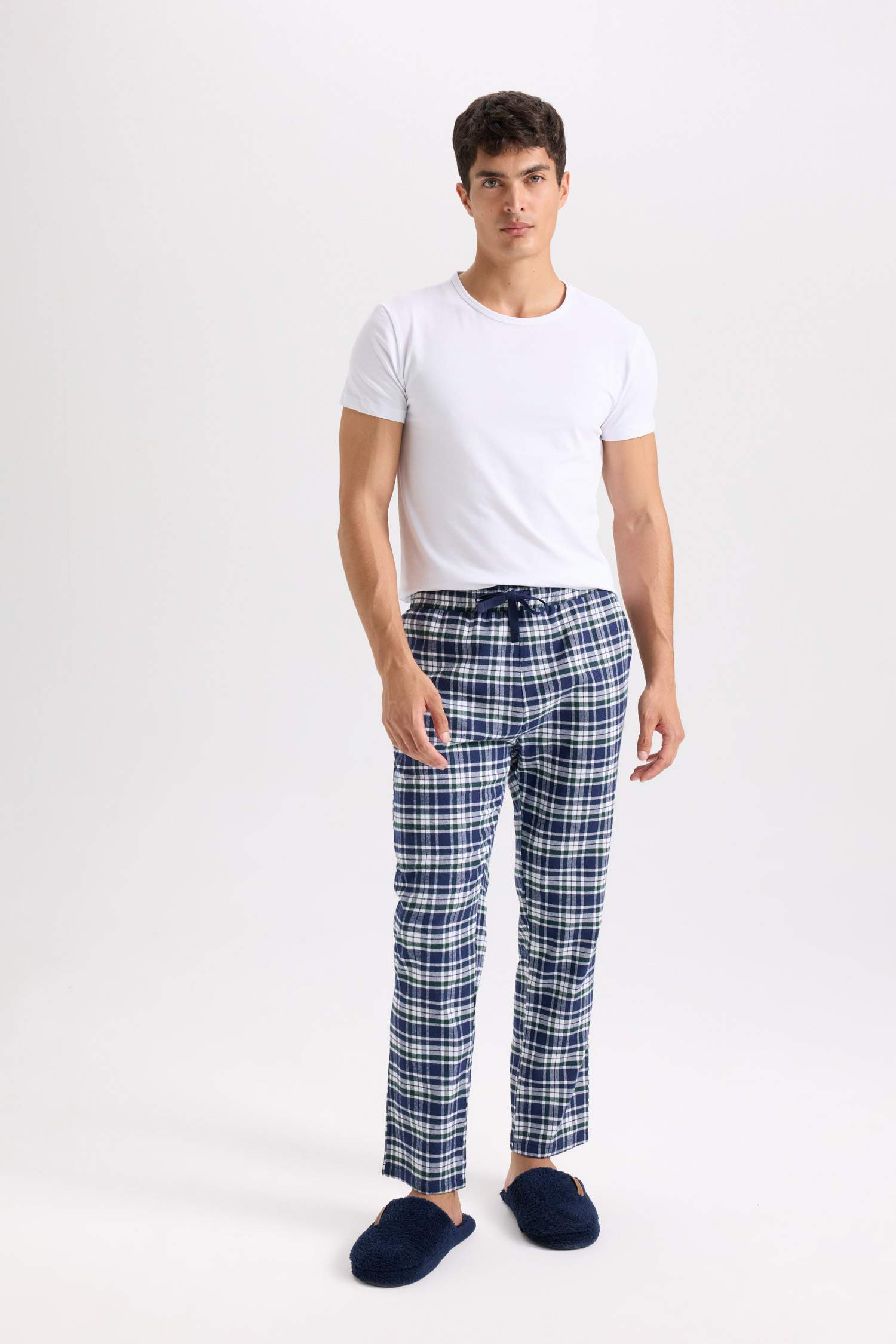 Regular Fit Kareli Beli Bağcıklı Düz Paça Cepli Uzun Boy Pijama Altı