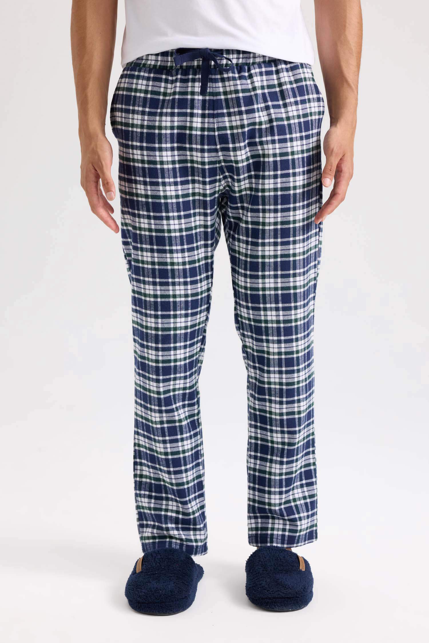 Regular Fit Kareli Beli Bağcıklı Düz Paça Cepli Uzun Boy Pijama Altı