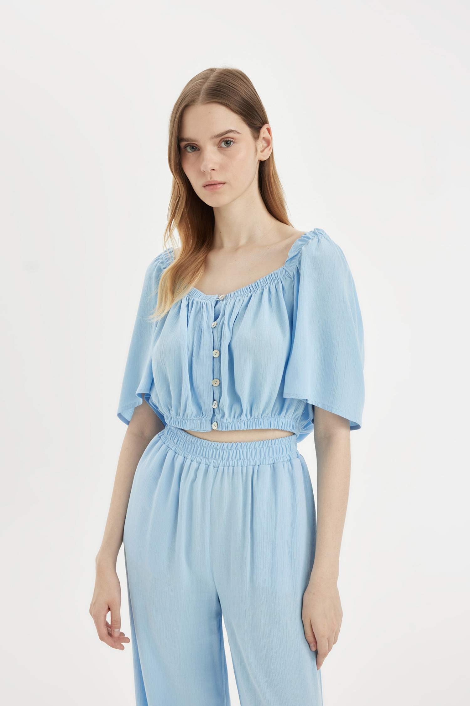 Regular Fit Square Collar Short Sleeve Blouse