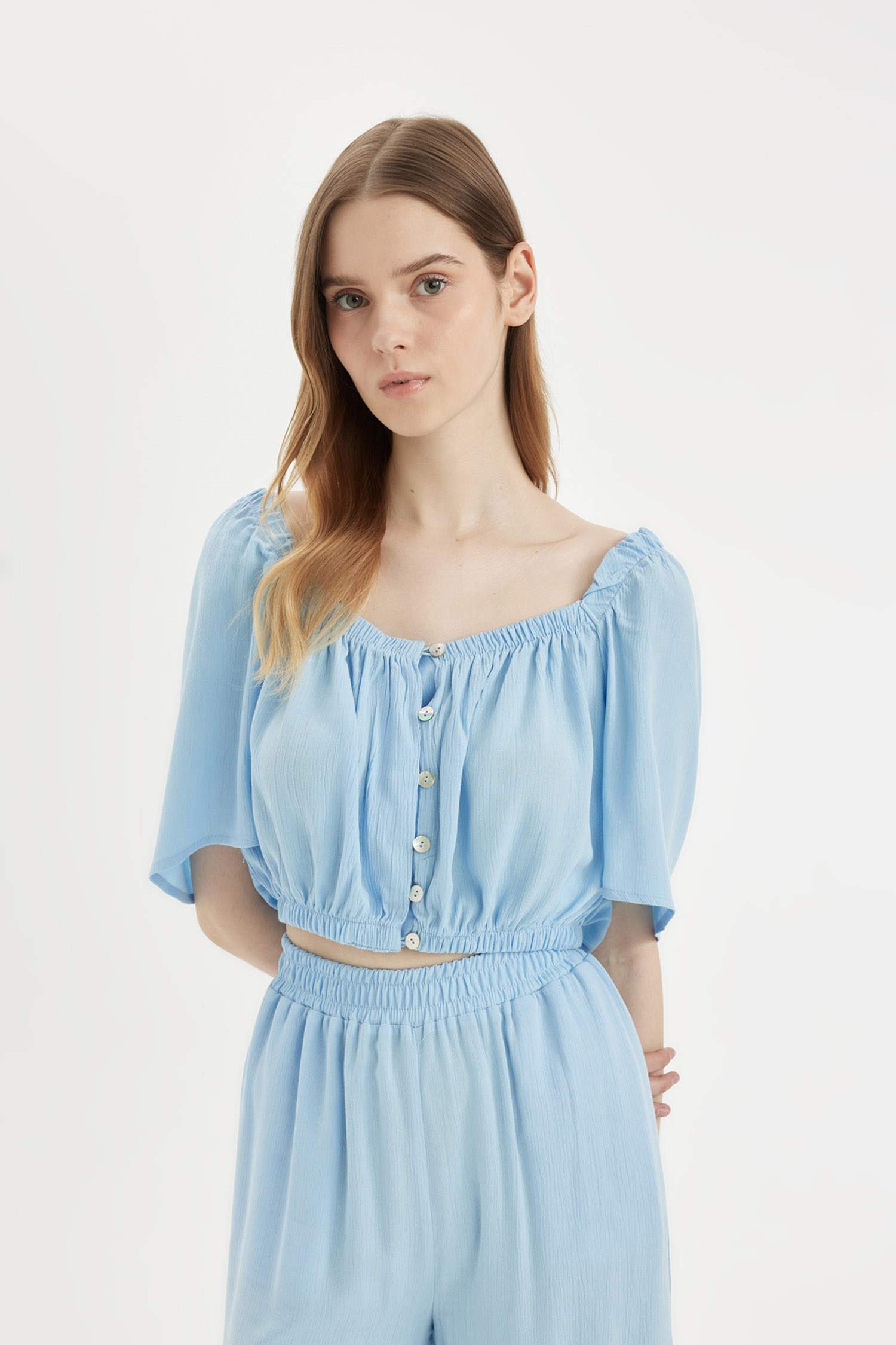 Regular Fit Square Collar Short Sleeve Blouse