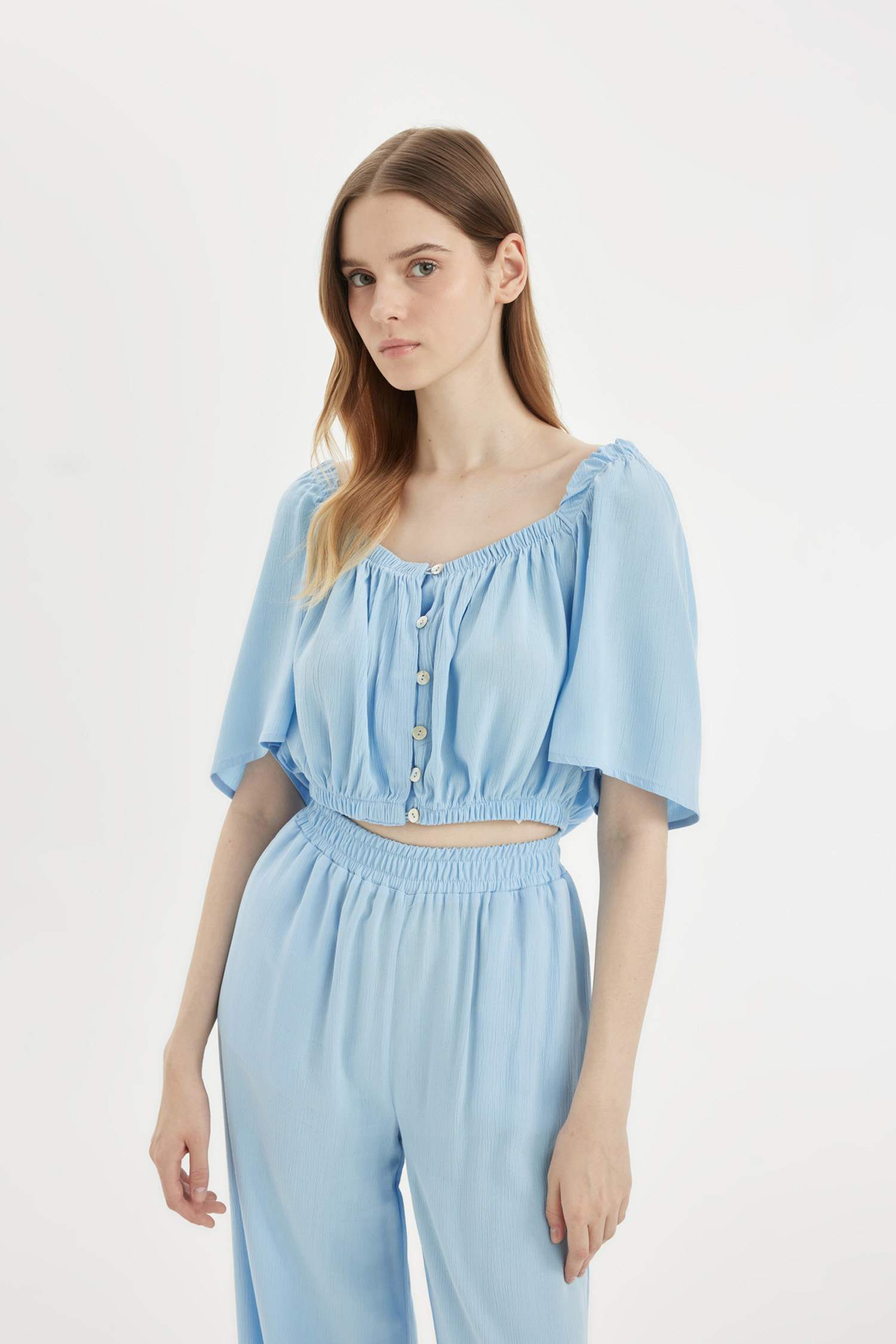 Regular Fit Square Collar Short Sleeve Blouse