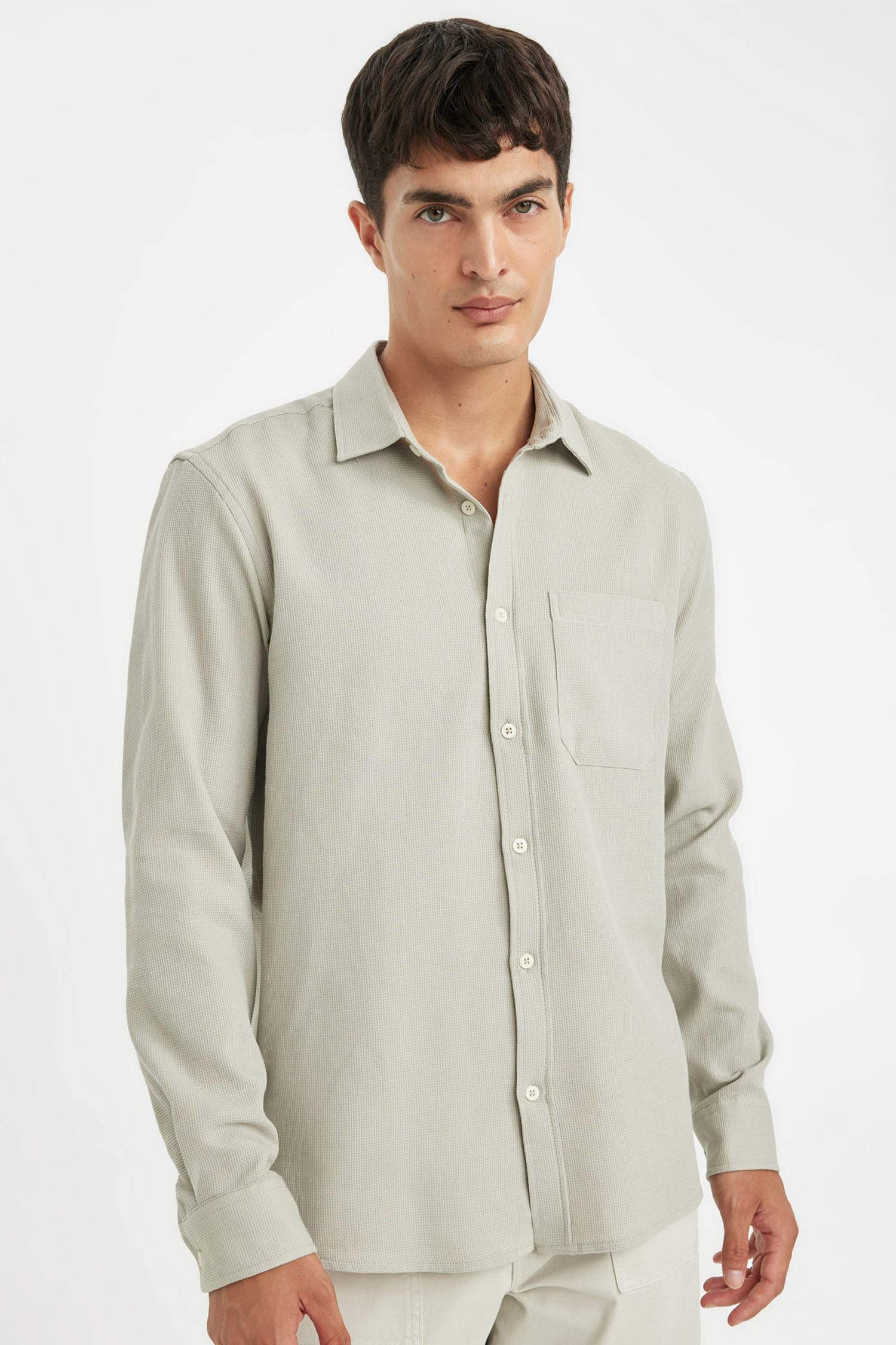 Grey Regular Fit Polo Collar Basic Cotton Shirt