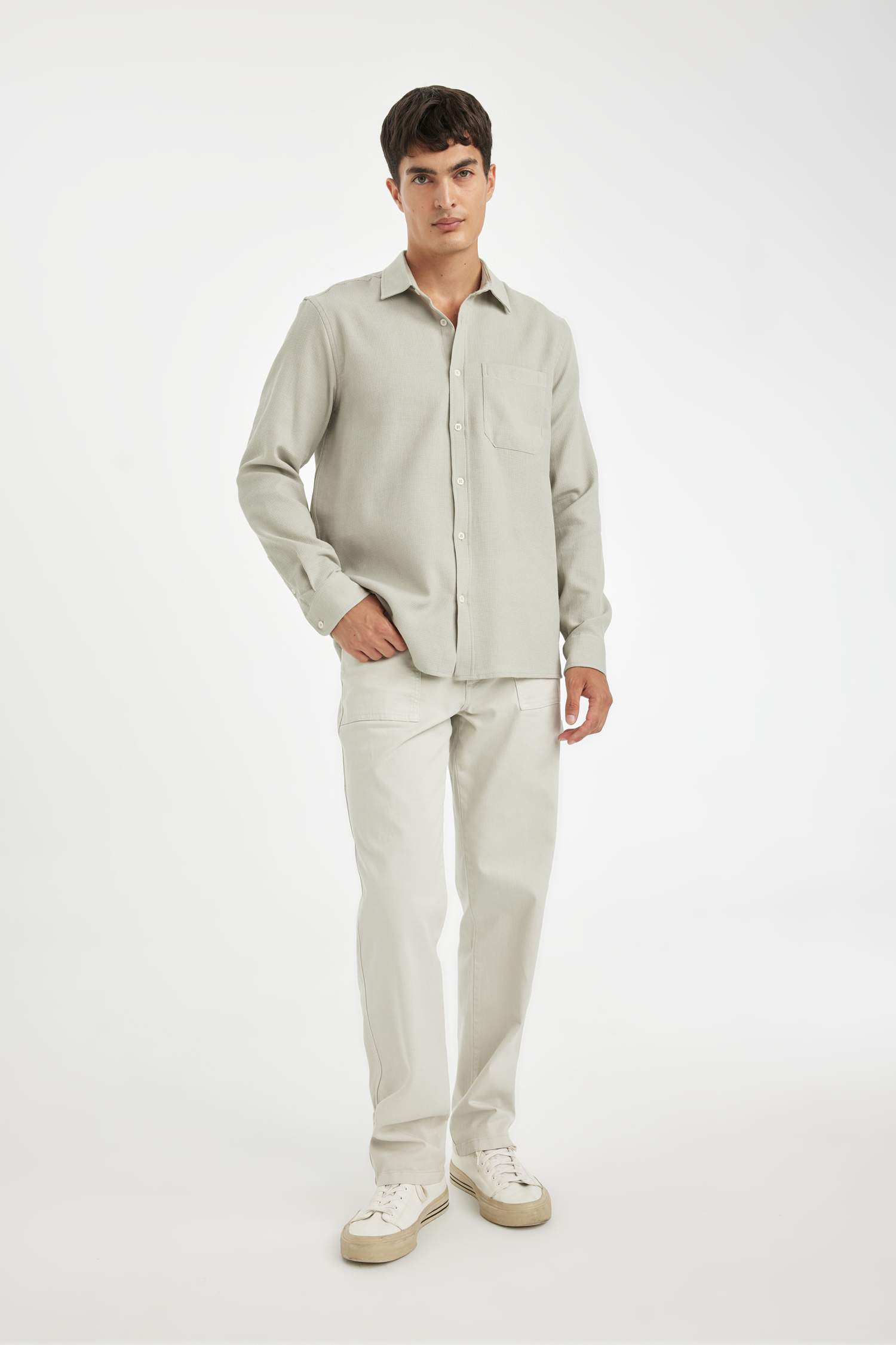 Grey Regular Fit Polo Collar Basic Cotton Shirt