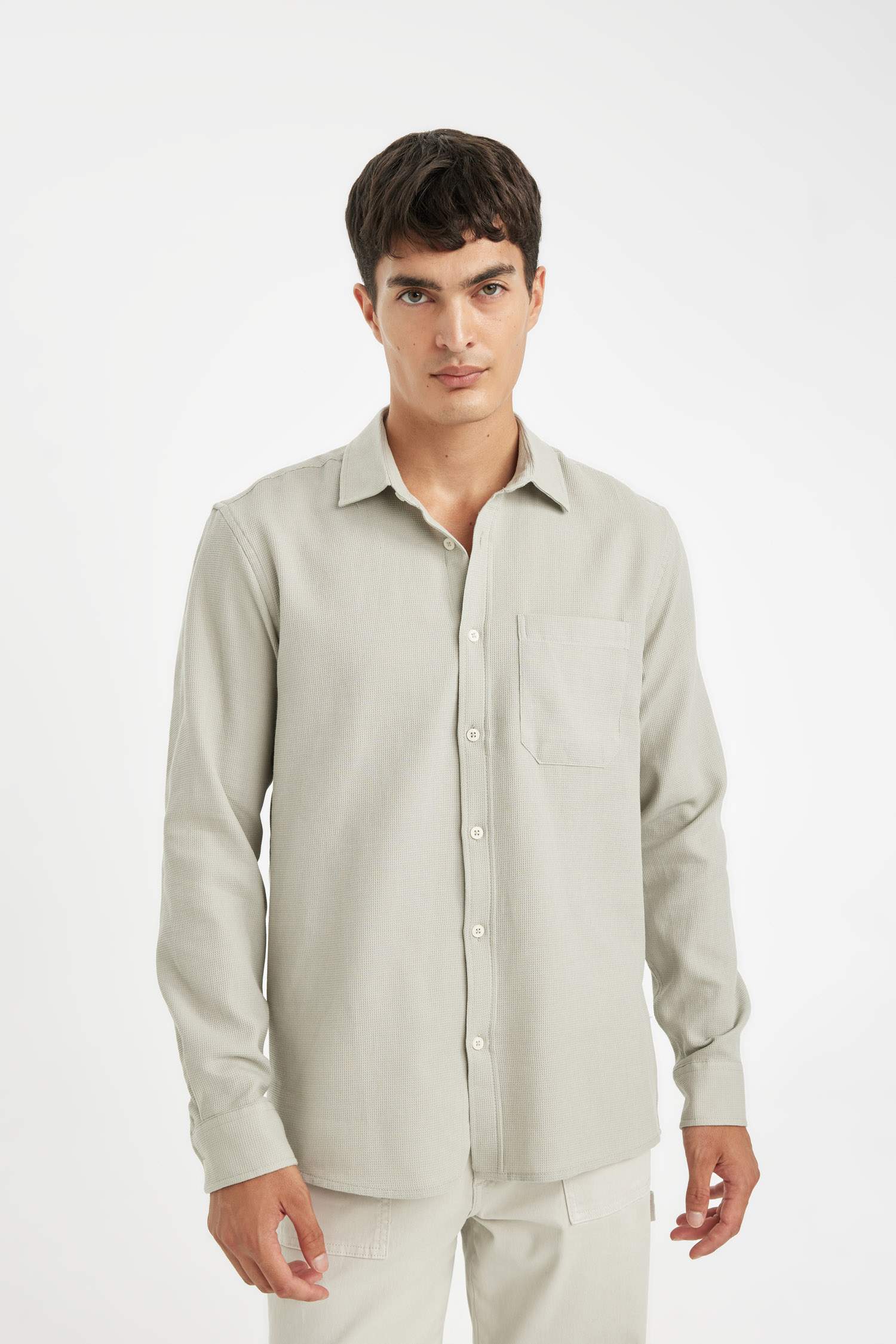Grey Regular Fit Polo Collar Basic Cotton Shirt