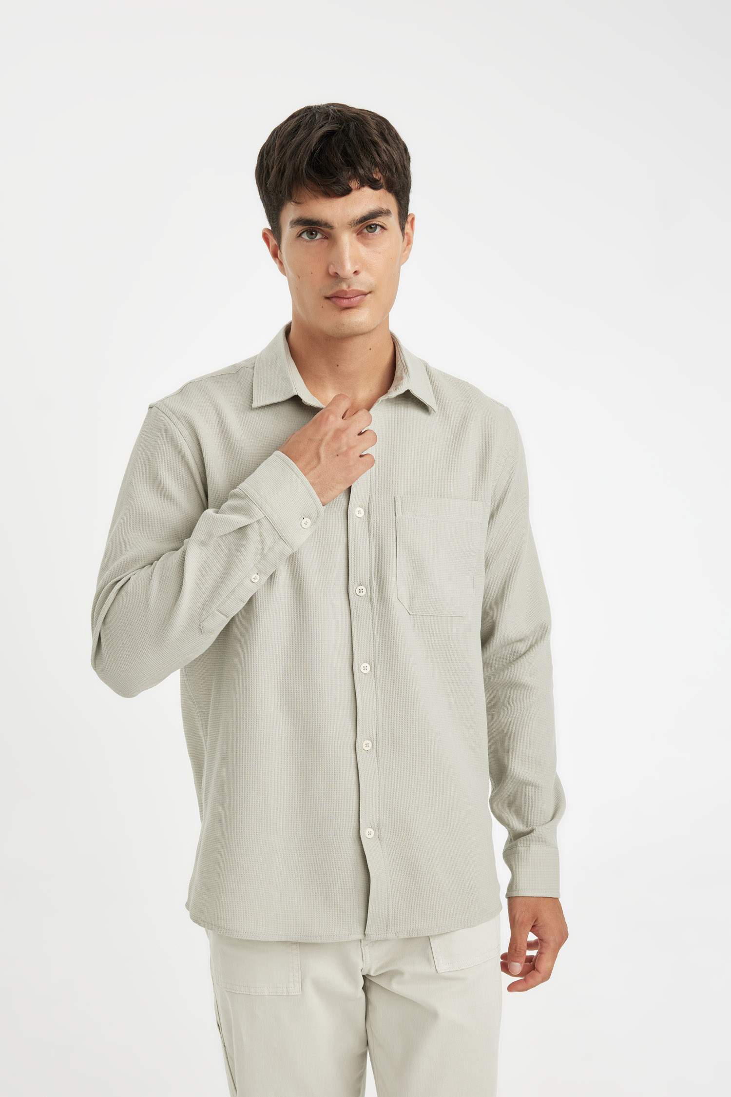 Grey Regular Fit Polo Collar Basic Cotton Shirt
