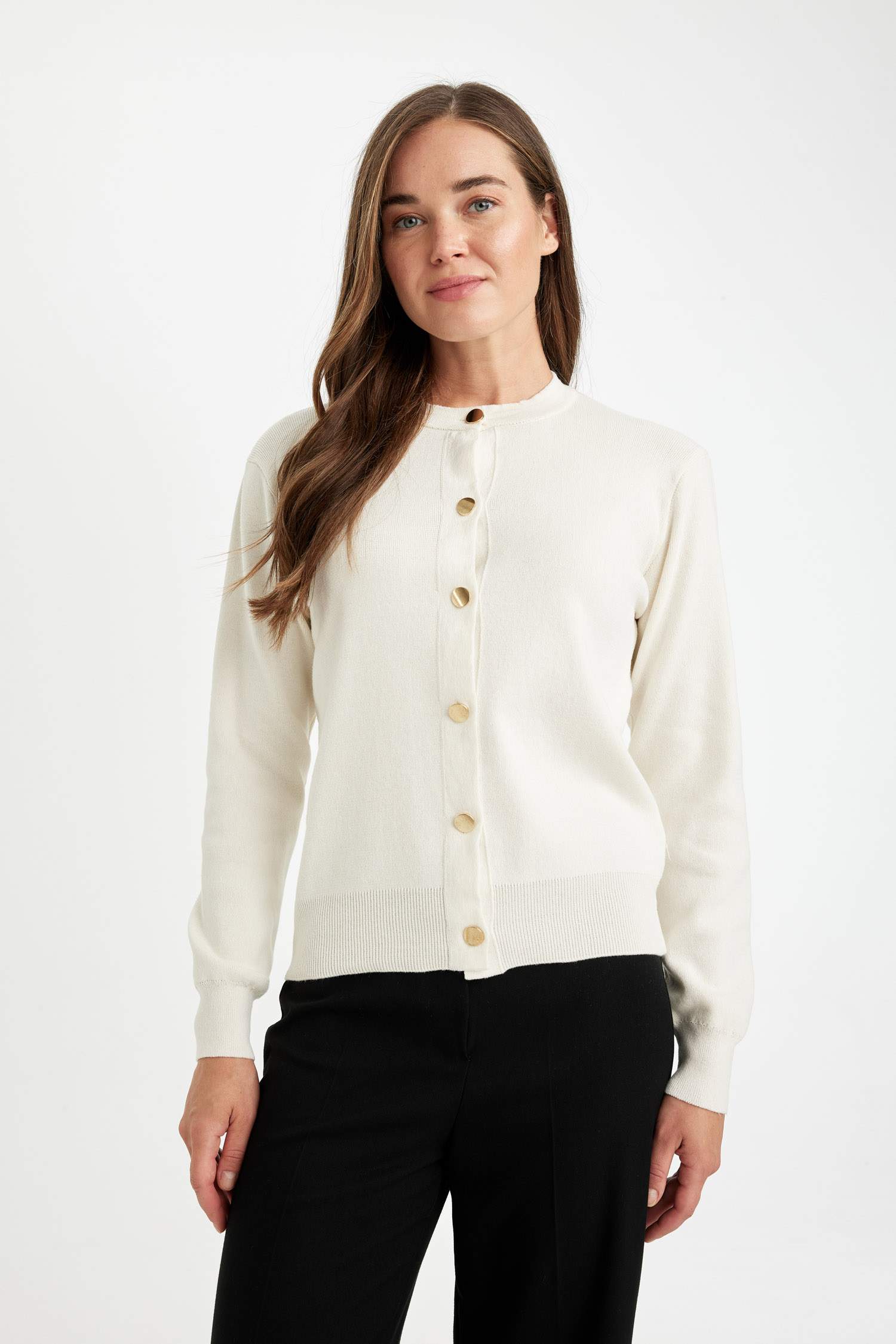 Regular Fit Bisiklet Yaka Basic Düz Düğmeli Triko Hırka