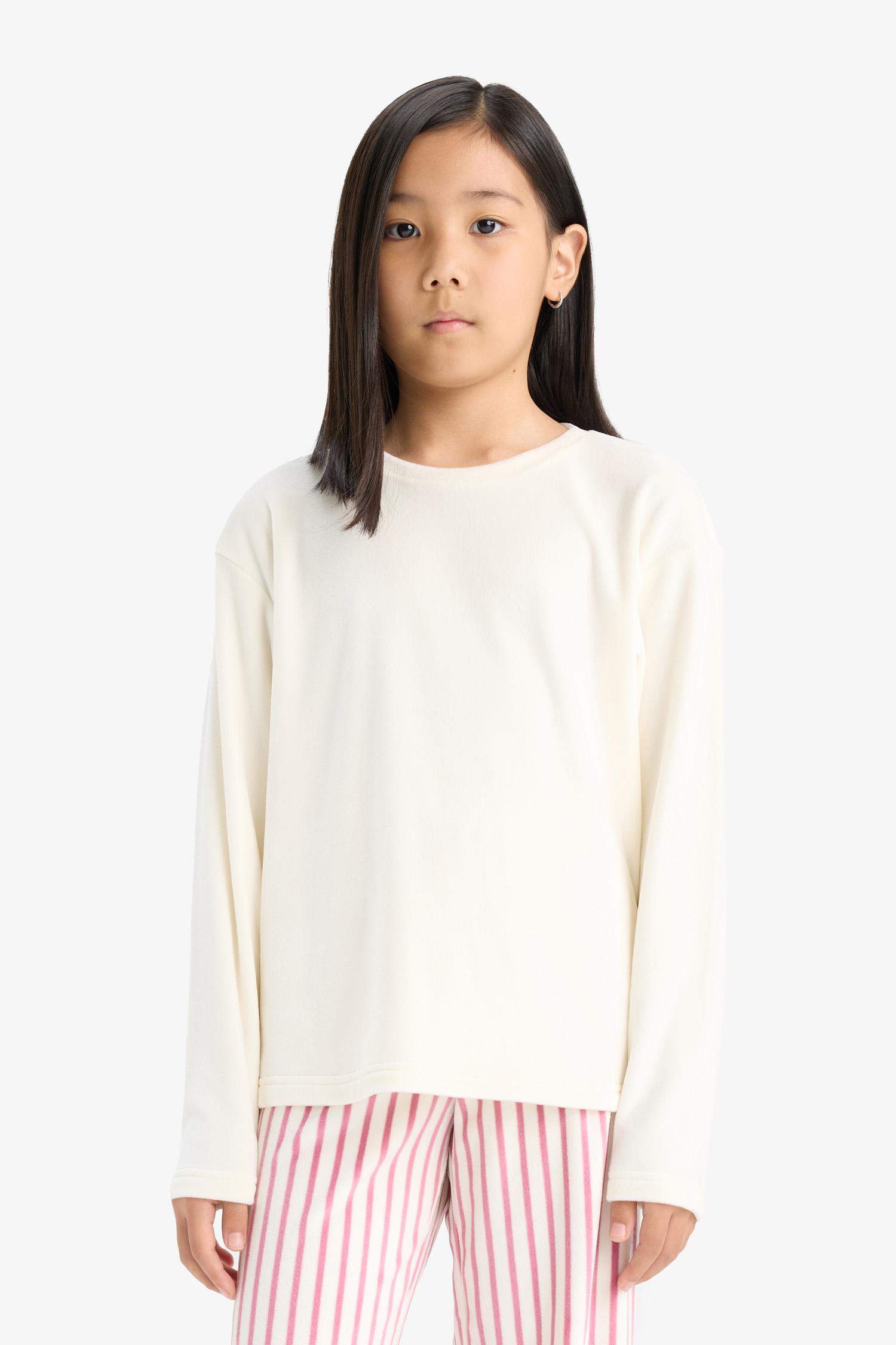 Kız Çocuk Pijama Takımı Uzun Kollu Üst Çizgili Uzun Alt