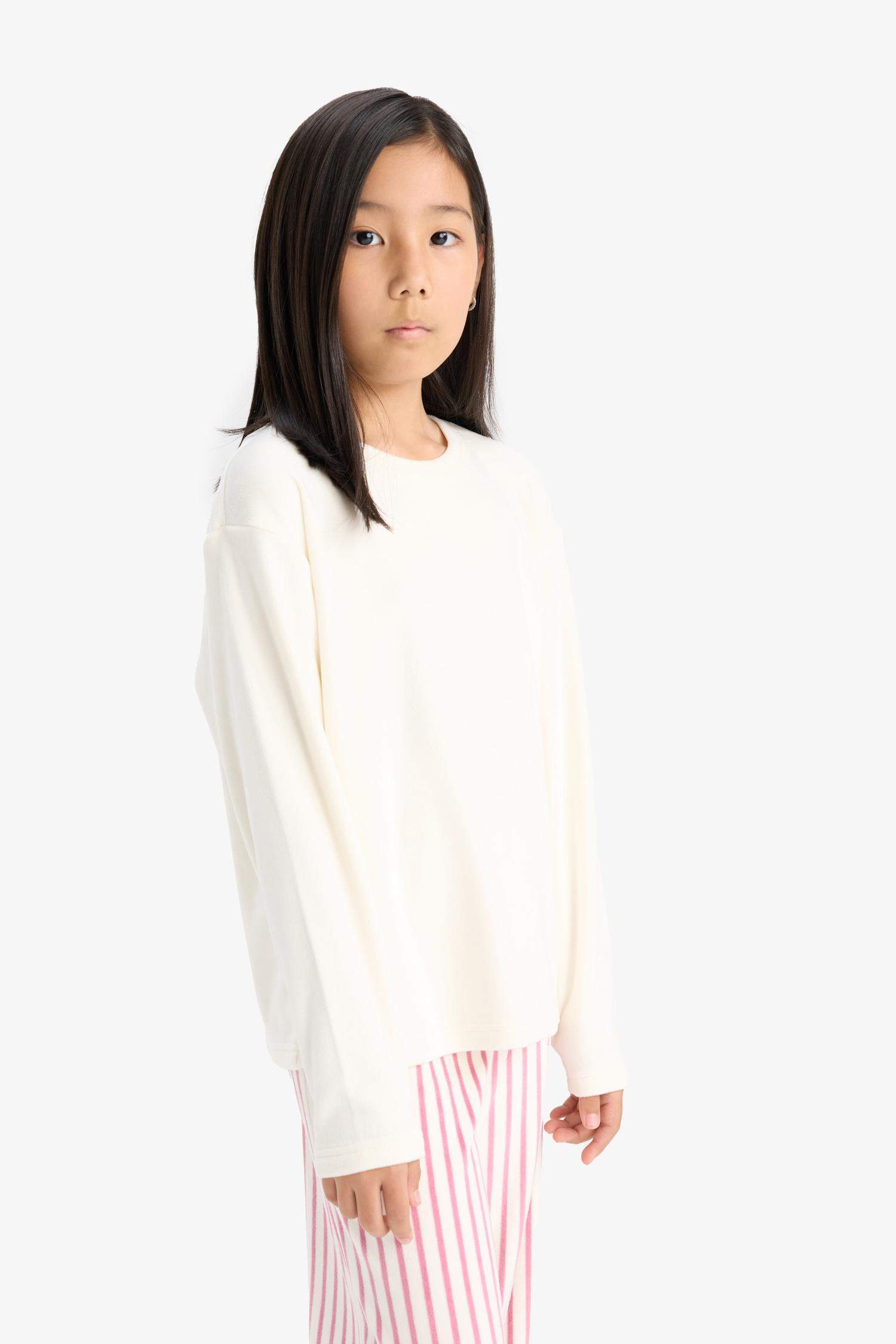 Kız Çocuk Pijama Takımı Uzun Kollu Üst Çizgili Uzun Alt