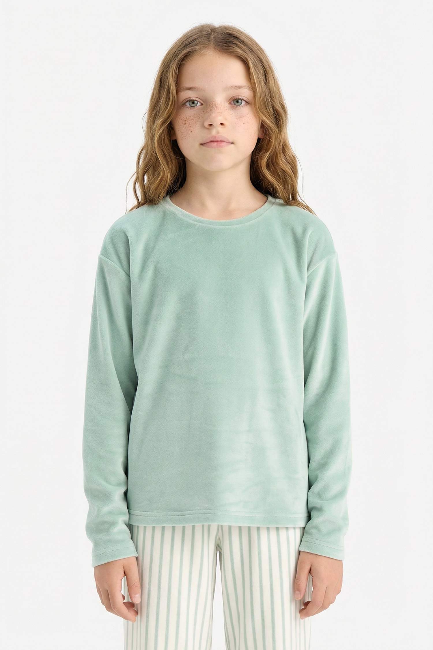 Kız Çocuk Pijama Takımı Polar Uzun Kollu Üst Çizgili Uzun Alt