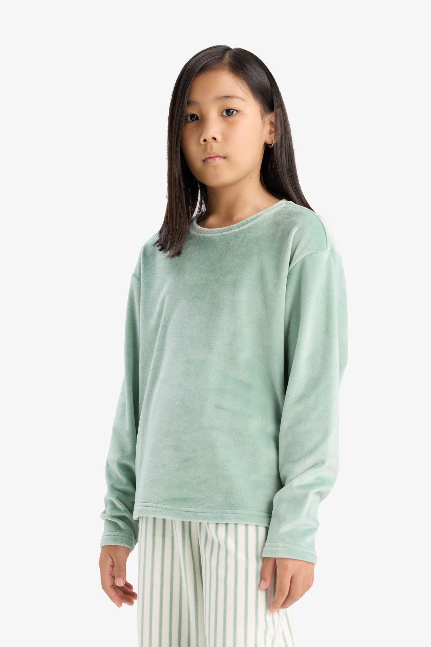 Kız Çocuk Pijama Takımı Polar Uzun Kollu Üst Çizgili Uzun Alt