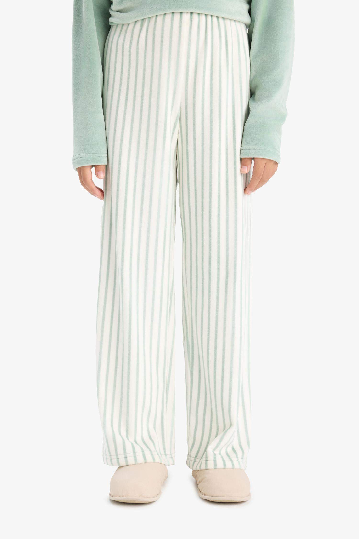 Kız Çocuk Pijama Takımı Polar Uzun Kollu Üst Çizgili Uzun Alt