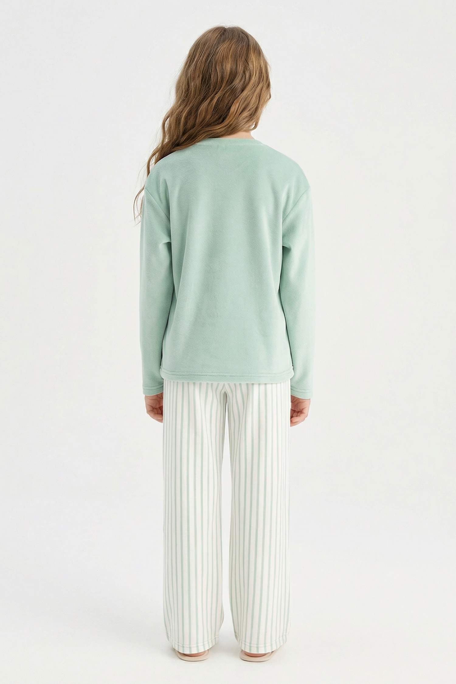 Pijama Takımı Polar Uzun Kollu Üst Çizgili Uzun Alt Kız Çocuk