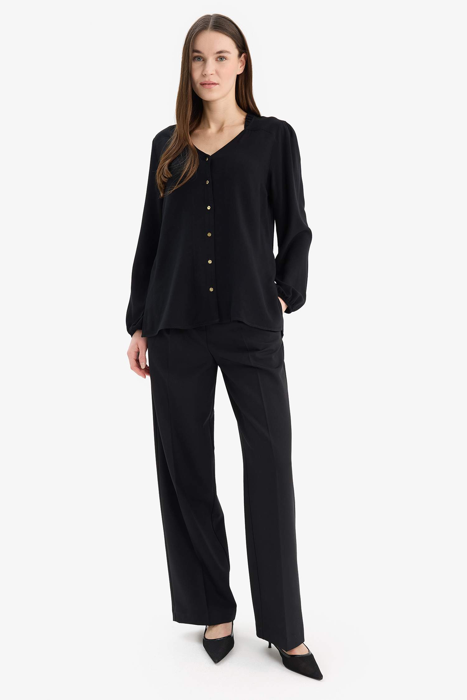 Regular Fit Apaş Yaka Basic Düz Düğmeli Uzun Kollu Gömlek