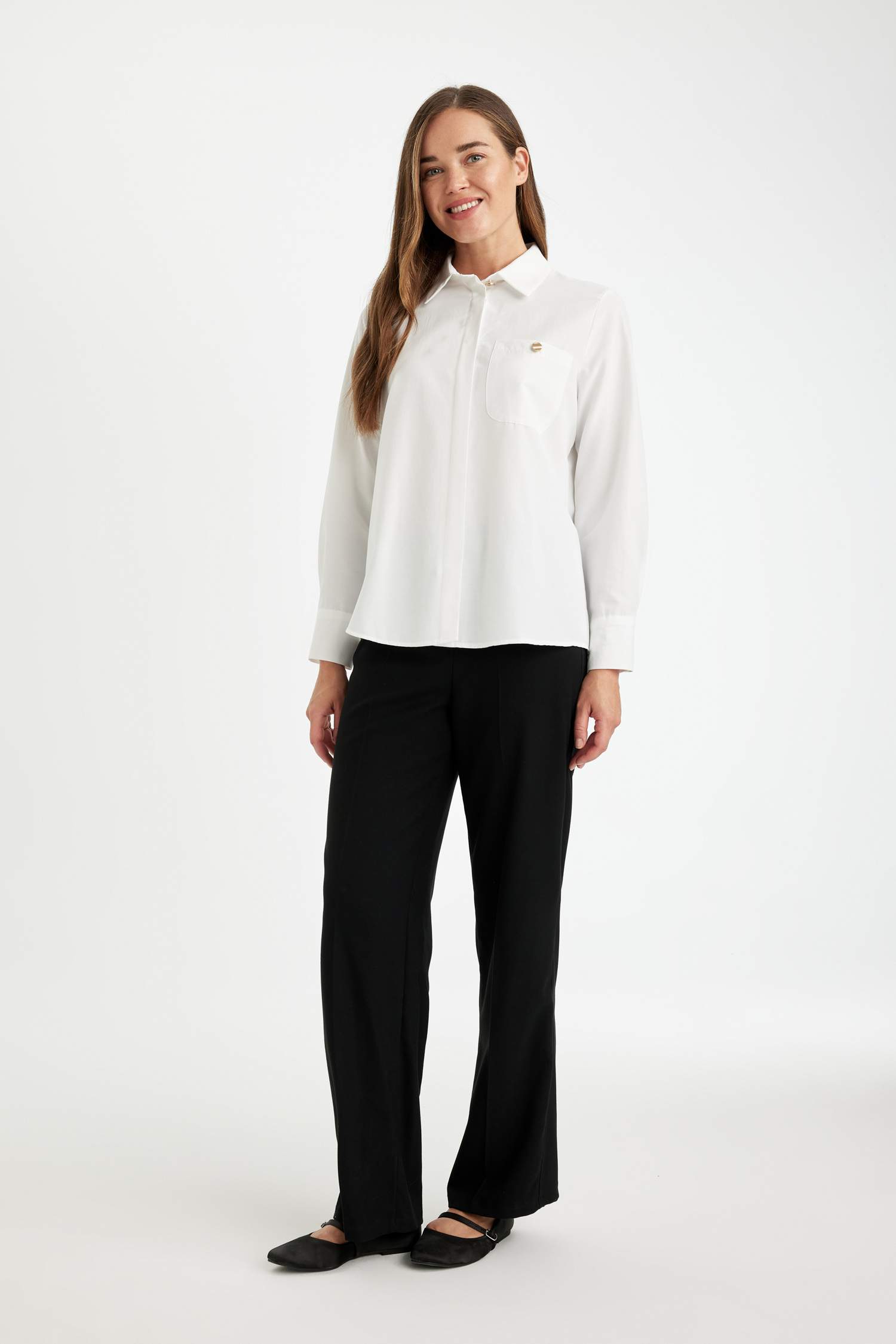 Relax Fit Düğmeli Cepli Basic Düz Poplin Uzun Kollu Gömlek