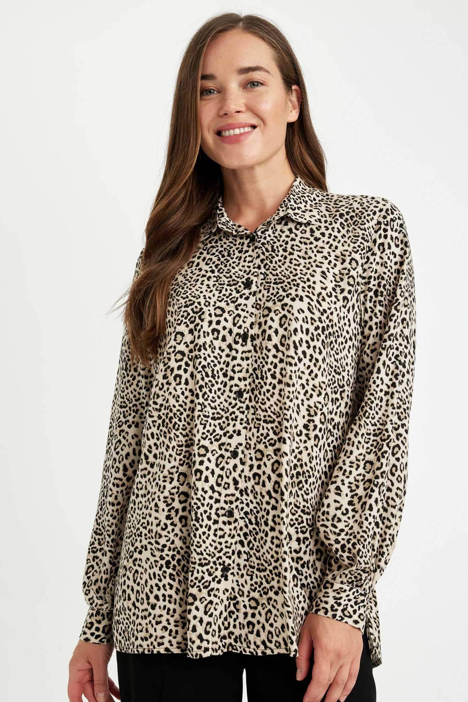 Relax Fit Leopar Desenli Uzun Kollu Gömlek