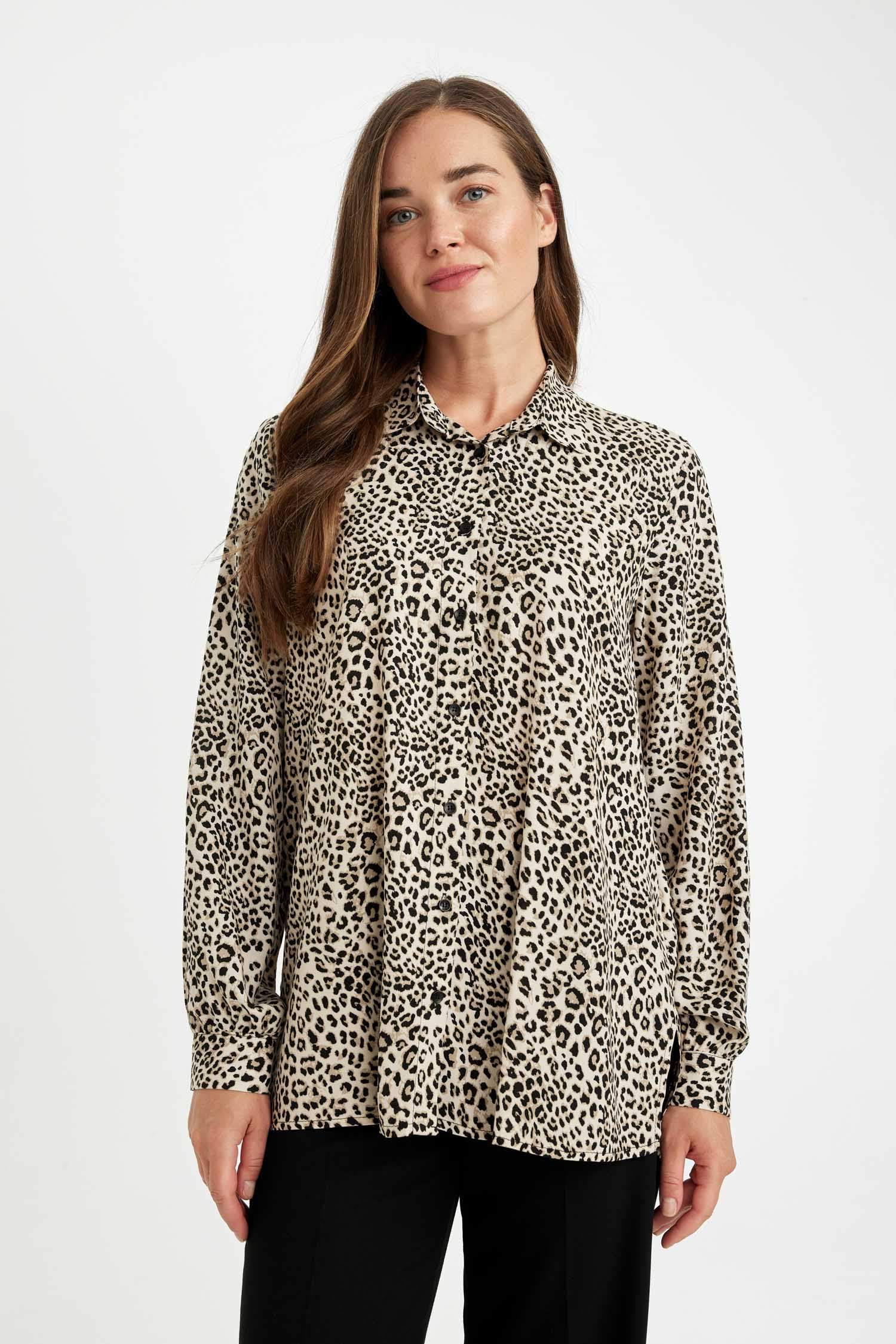 Relax Fit Leopar Desenli Uzun Kollu Gömlek