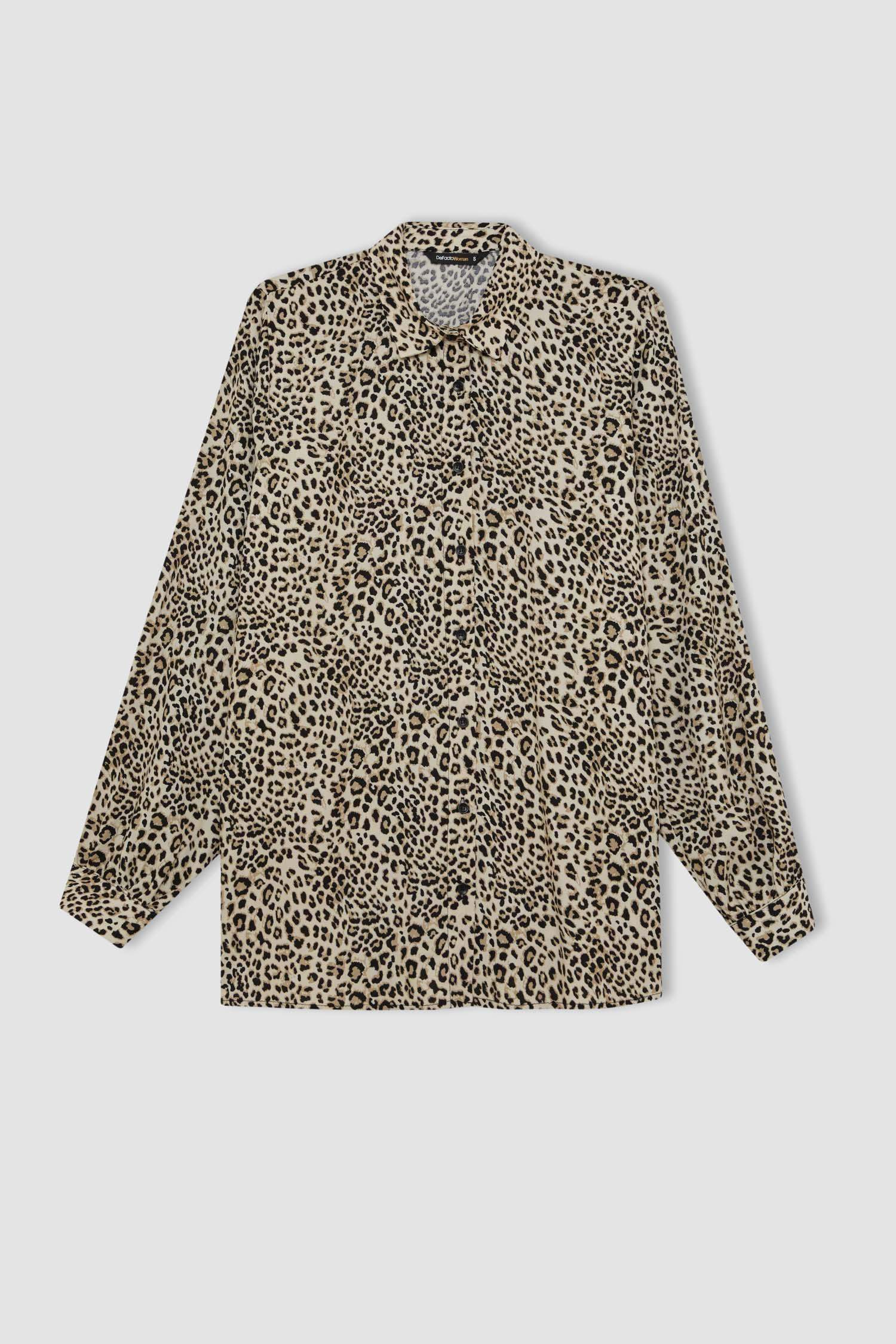 Relax Fit Leopar Desenli Uzun Kollu Gömlek