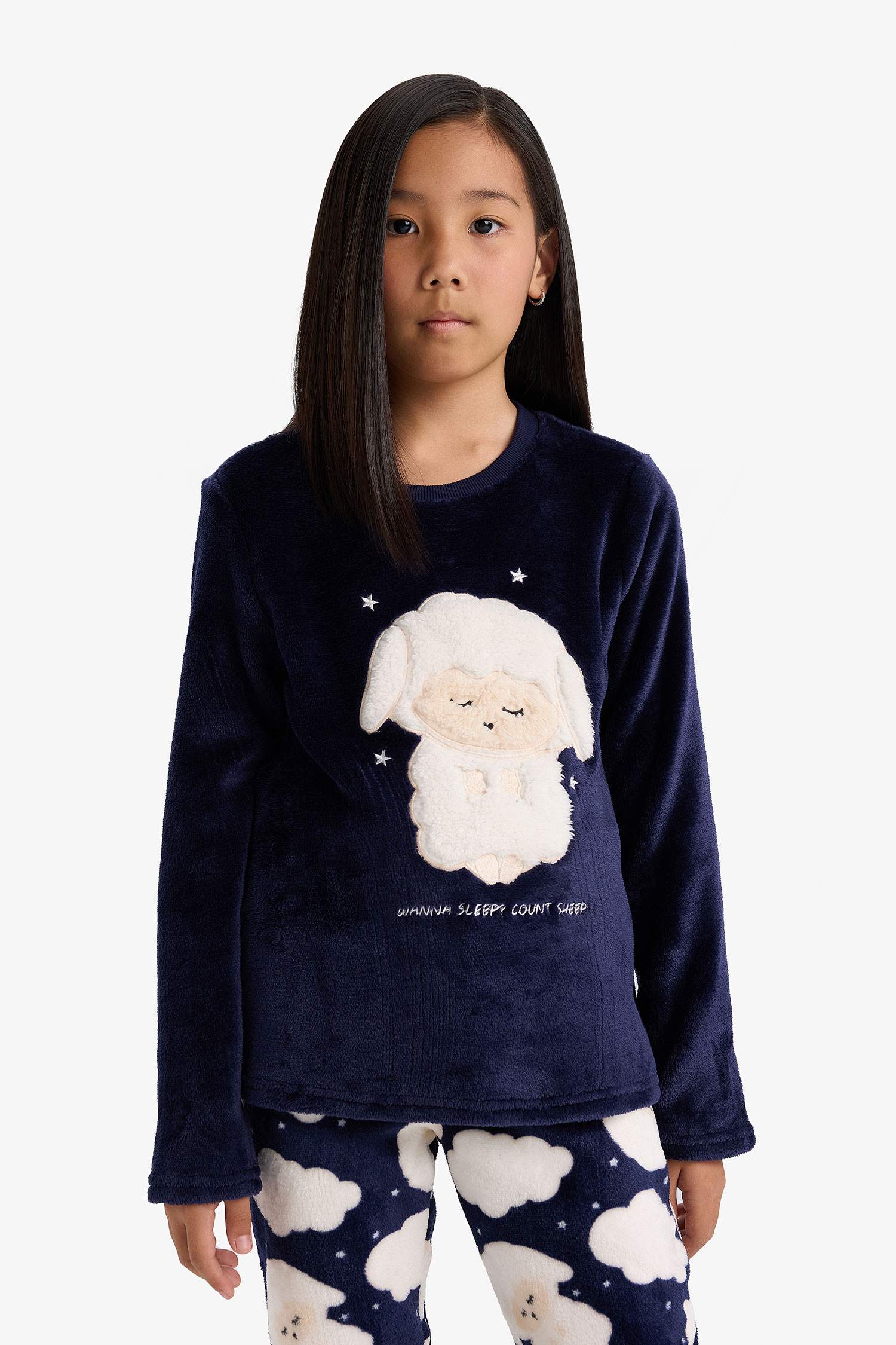 Kız Çocuk Pijama Takımı Pelüş Baskılı Uzun Kollu Üst Desenli Uzun Alt