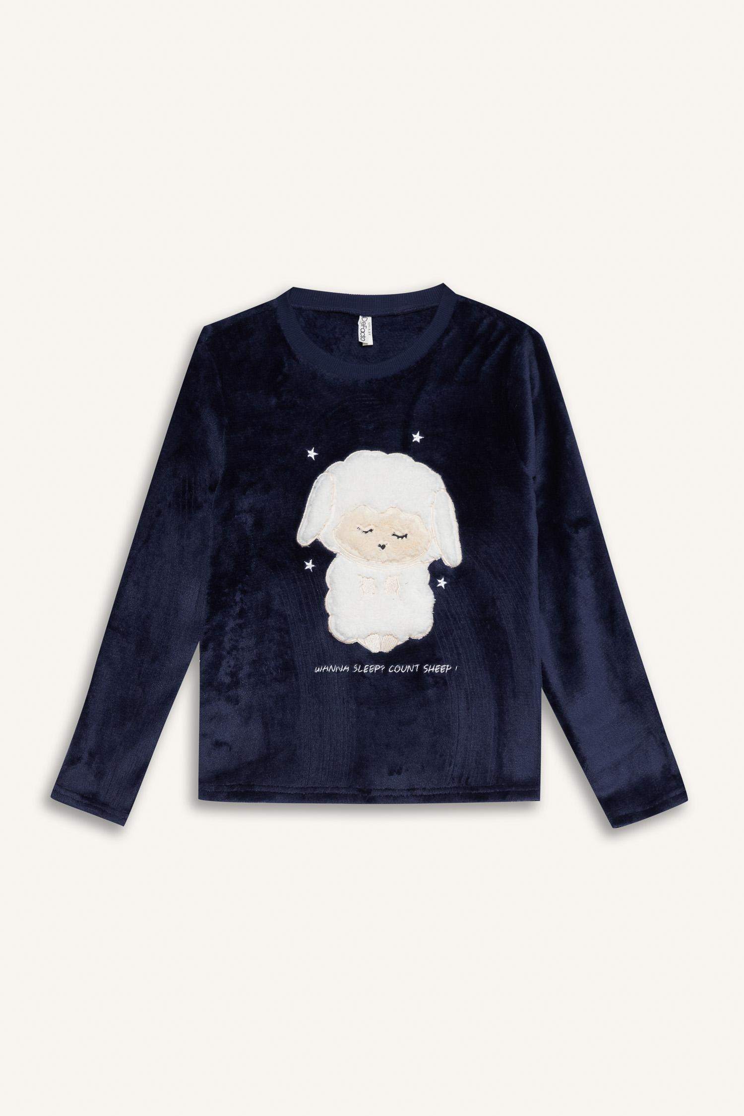 Kız Çocuk Pijama Takımı Pelüş Baskılı Uzun Kollu Üst Desenli Uzun Alt