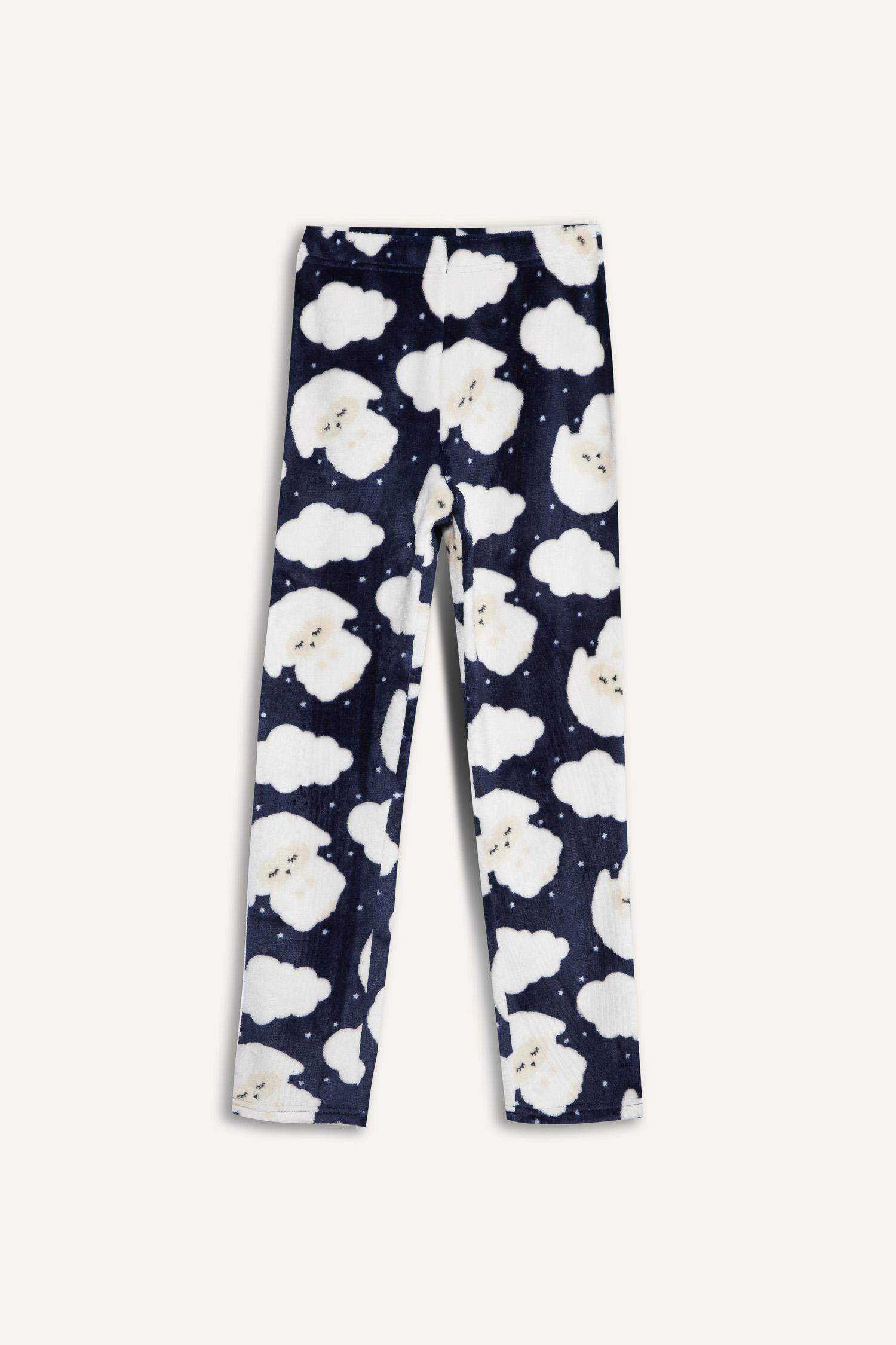 Kız Çocuk Pijama Takımı Pelüş Baskılı Uzun Kollu Üst Desenli Uzun Alt