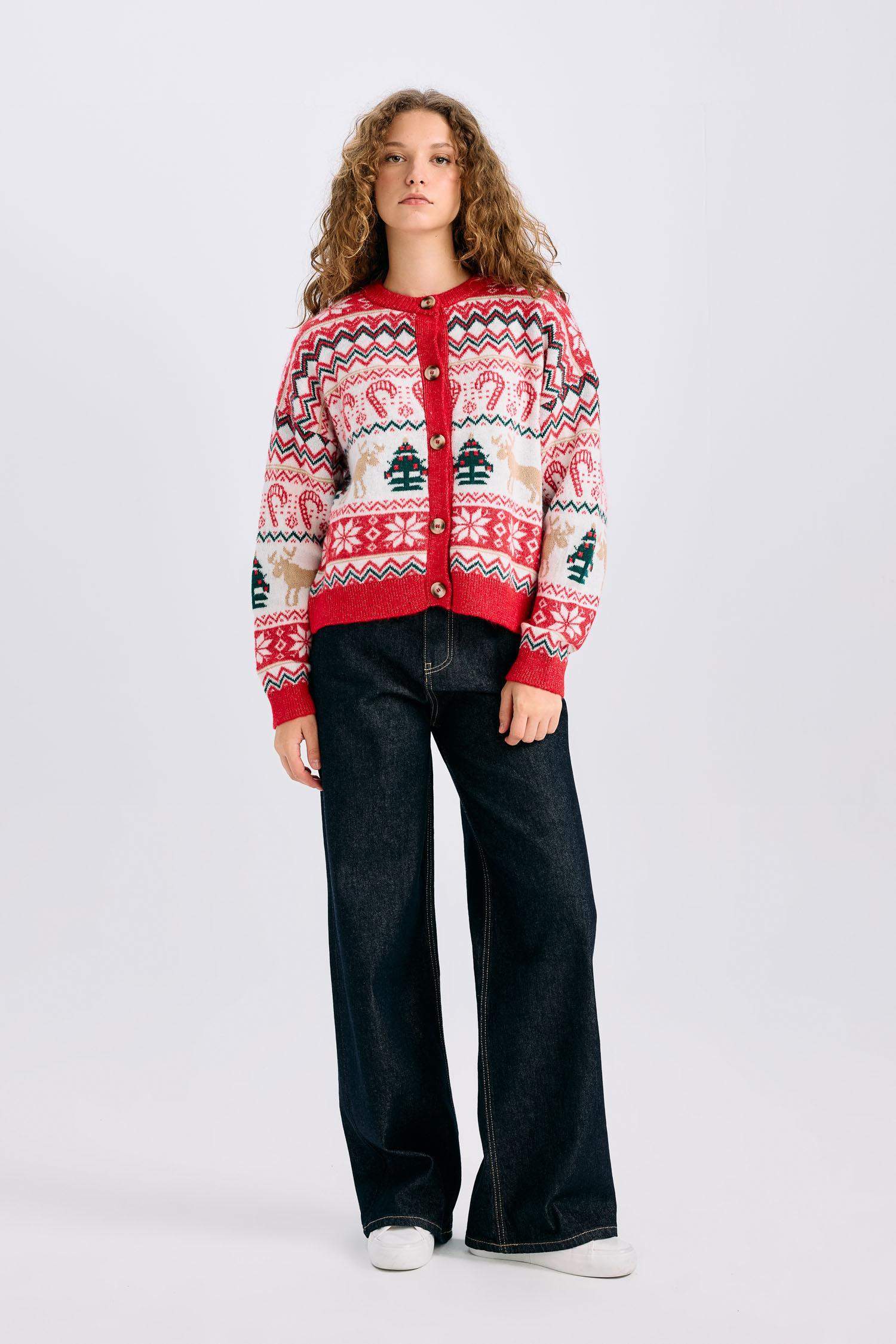 Yılbaşı Temalı Bisiklet Yaka Düğmeli Triko Hırka