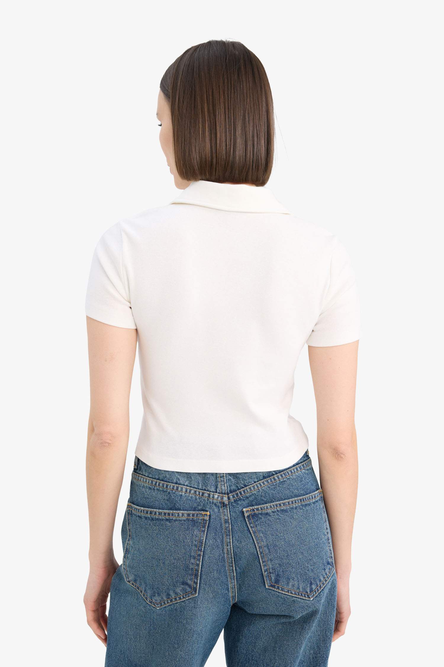 Coool Fitted Polo Yaka Baskılı Ribana Kısa Kollu Beyaz Tişört