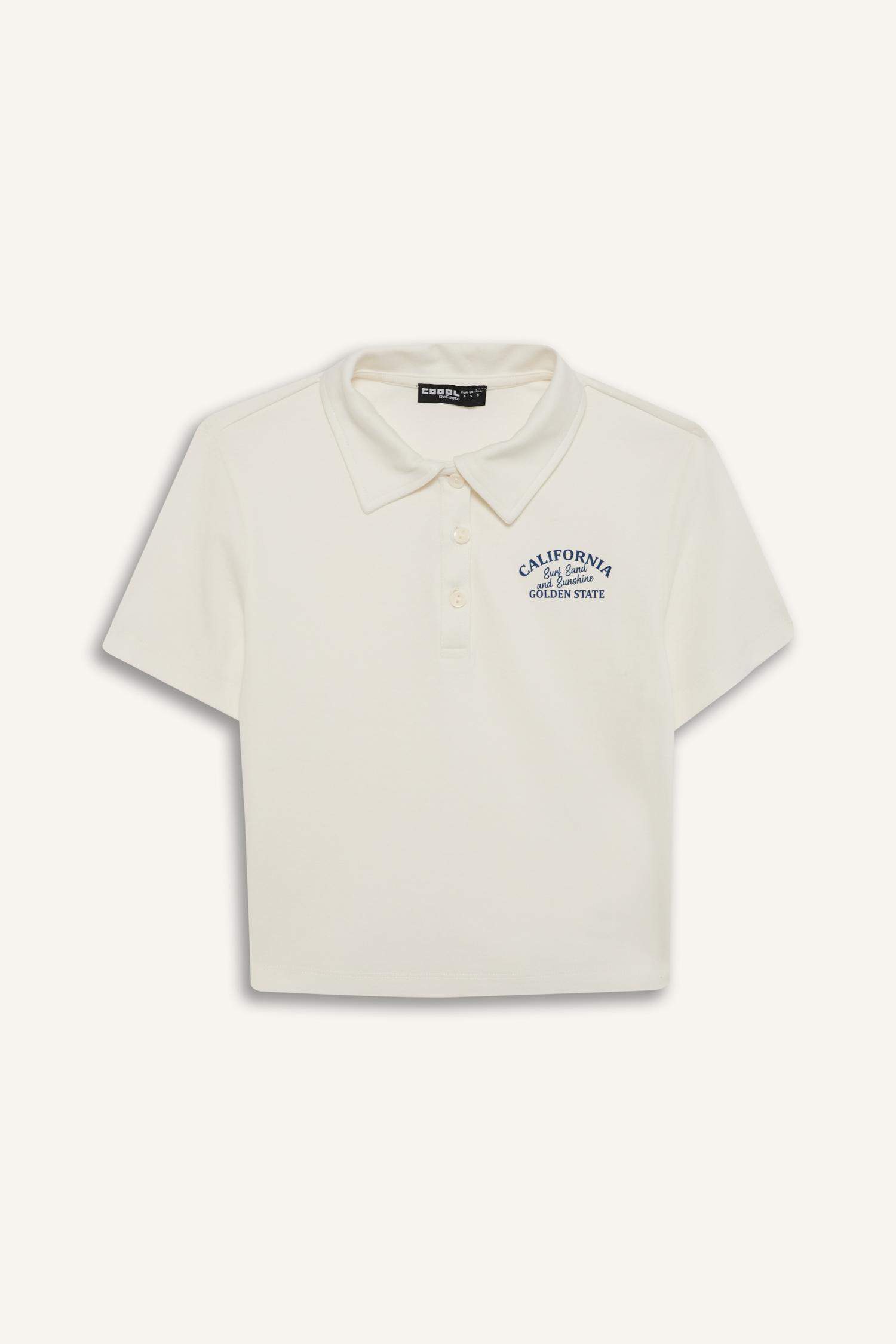 Coool Fitted Polo Yaka Baskılı Ribana Kısa Kollu Beyaz Tişört