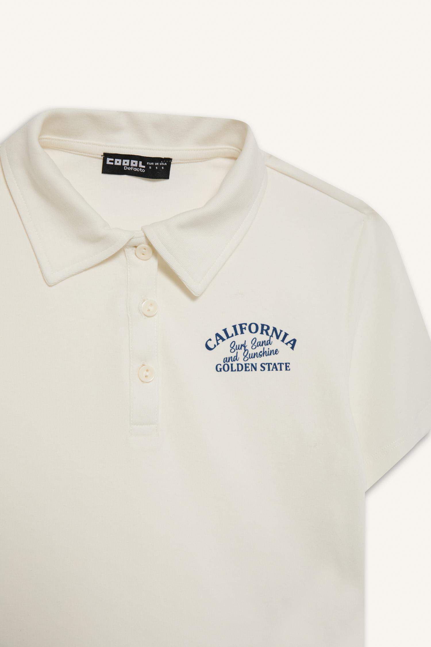 Coool Fitted Polo Yaka Baskılı Ribana Kısa Kollu Beyaz Tişört