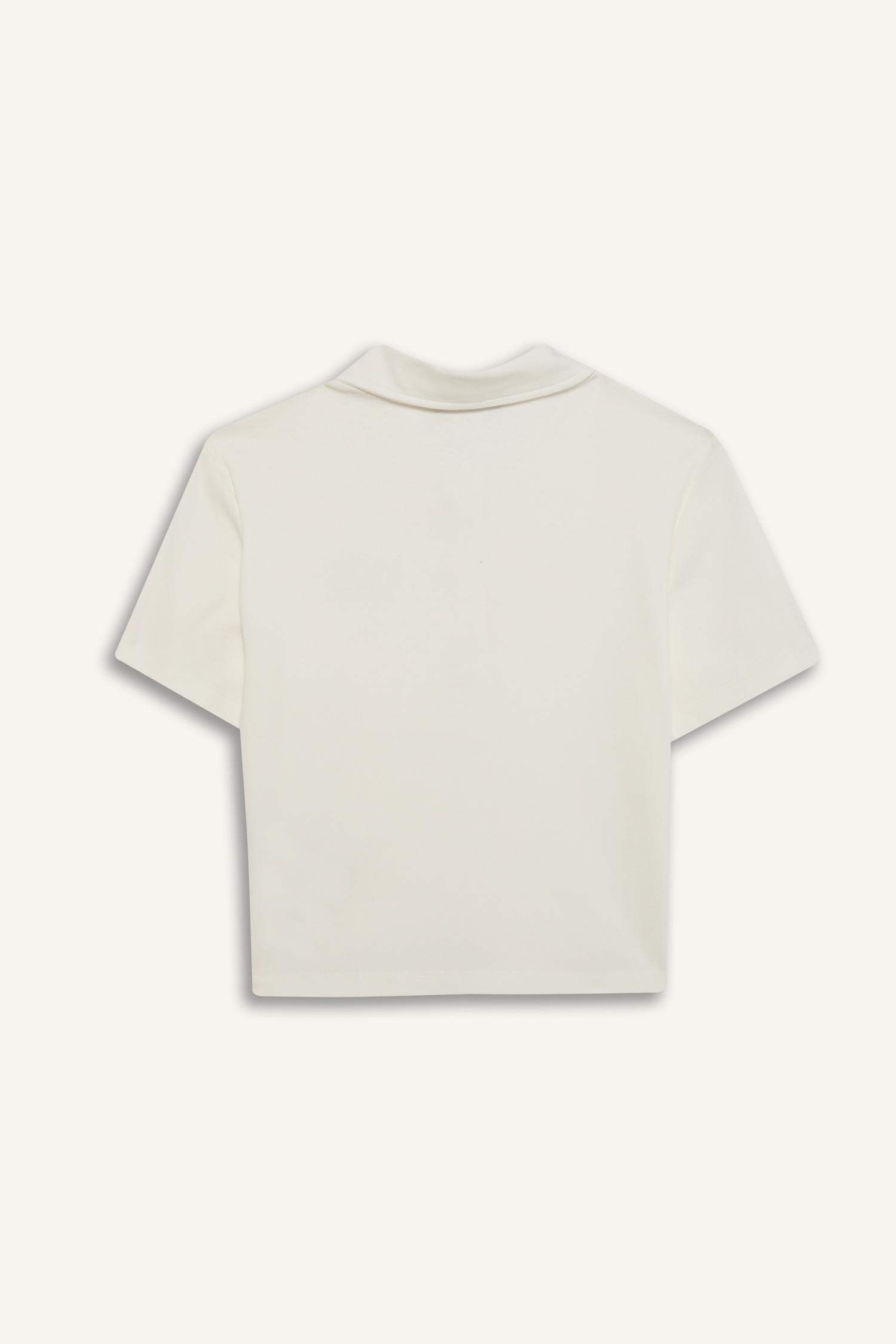 Coool Fitted Polo Yaka Baskılı Ribana Kısa Kollu Beyaz Tişört