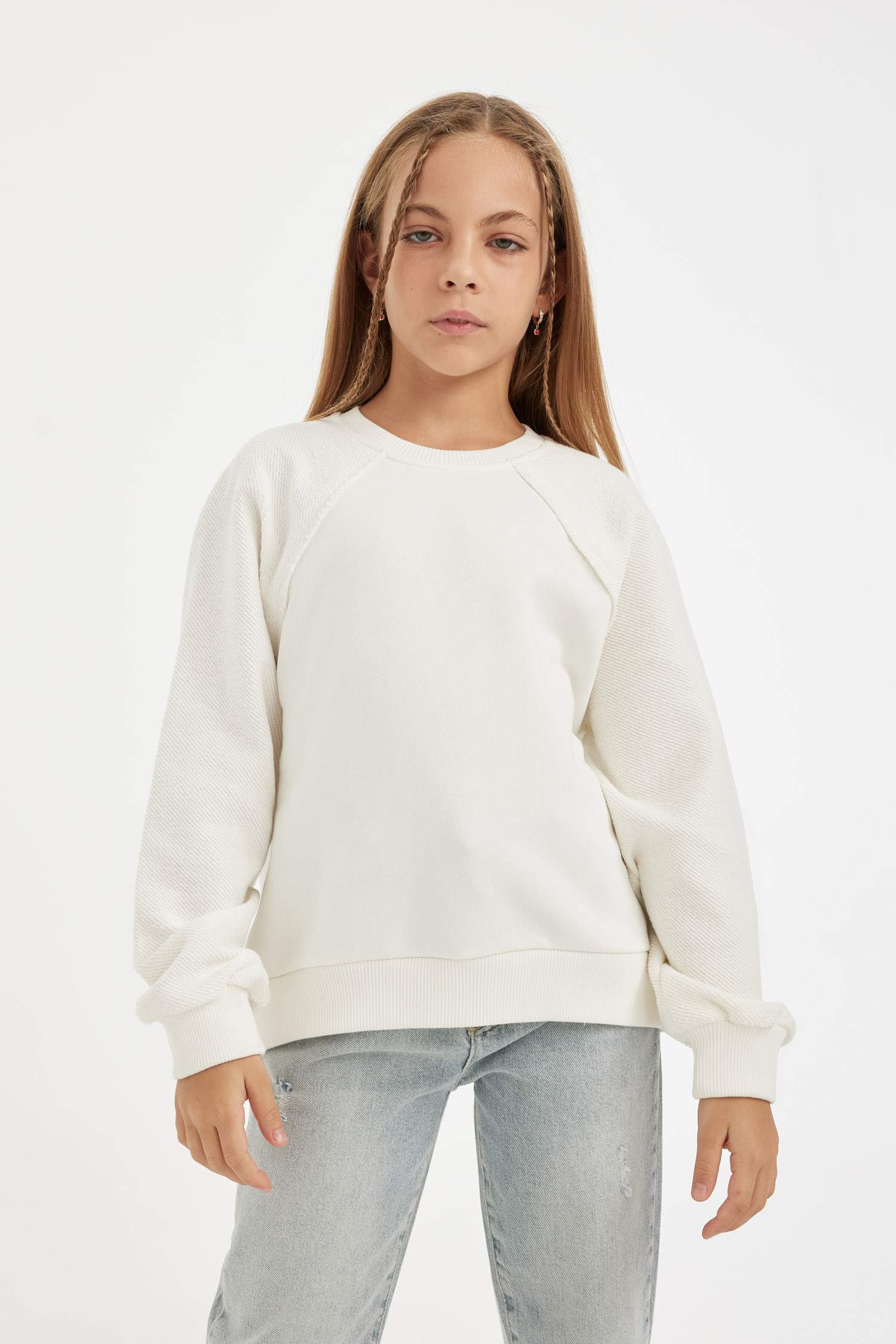 Kız Çocuk Relax Fit Basic Düz Bisiklet Yaka Sweatshirt