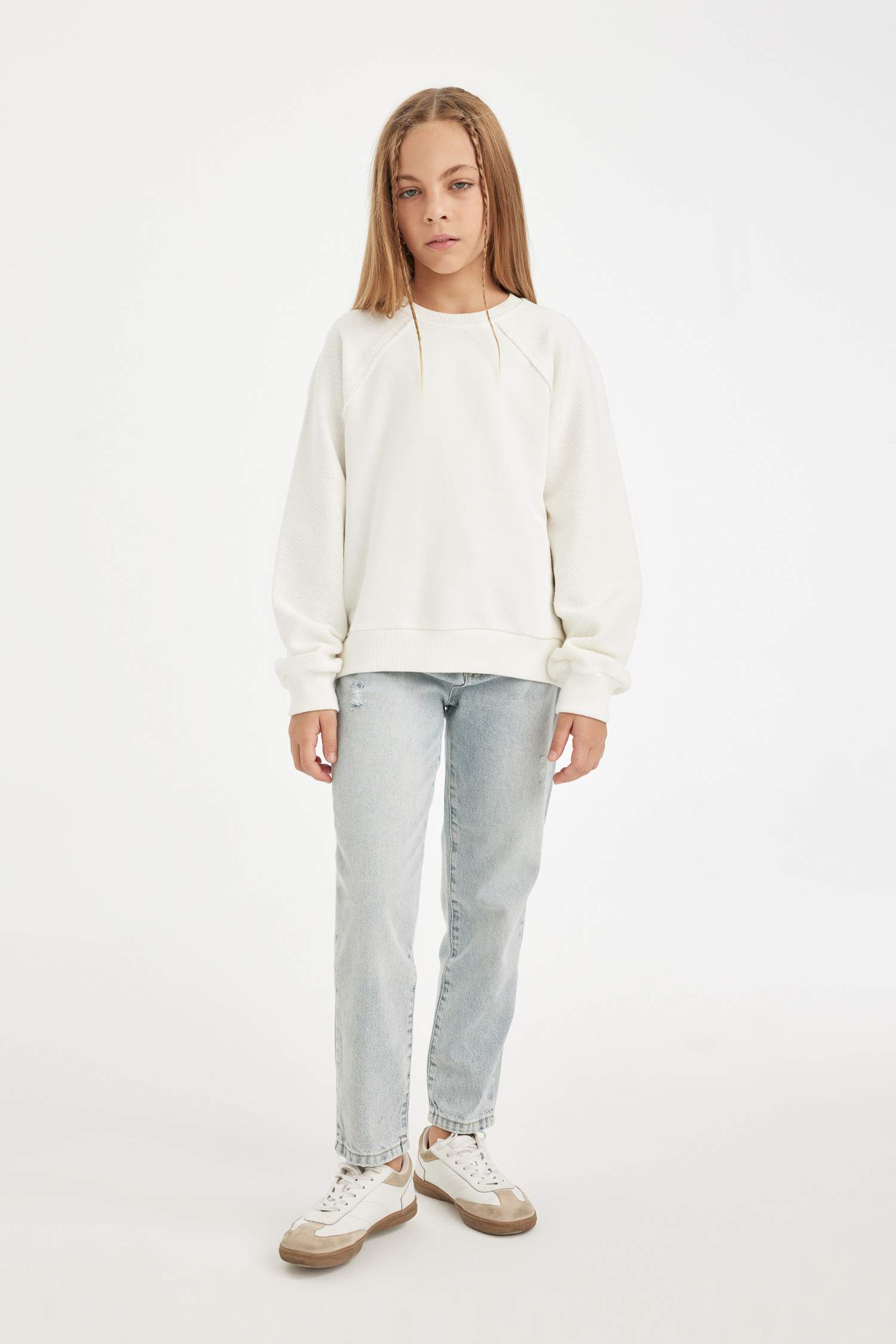 Kız Çocuk Relax Fit Basic Düz Bisiklet Yaka Sweatshirt